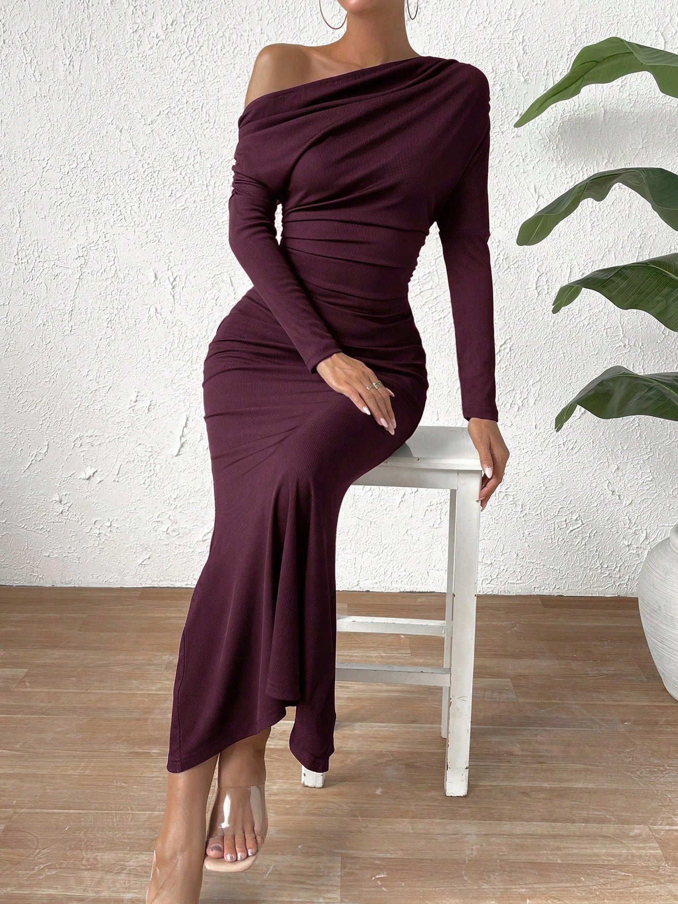Buy SHEIN Priv̩ Solid Asymmetrical Neck Ruched Mermaid Hem Dress in Pakistan