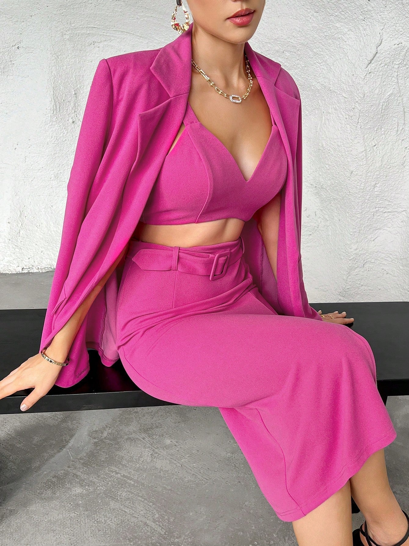 Buy SHEIN Privé Solid Cami Top & Split Thigh Skirt & Blazer in Pakistan