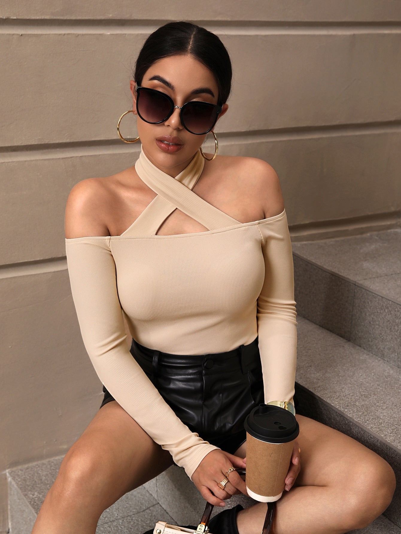 Buy SHEIN Privé Solid Criss Cross Halter Neck Tee in Pakistan