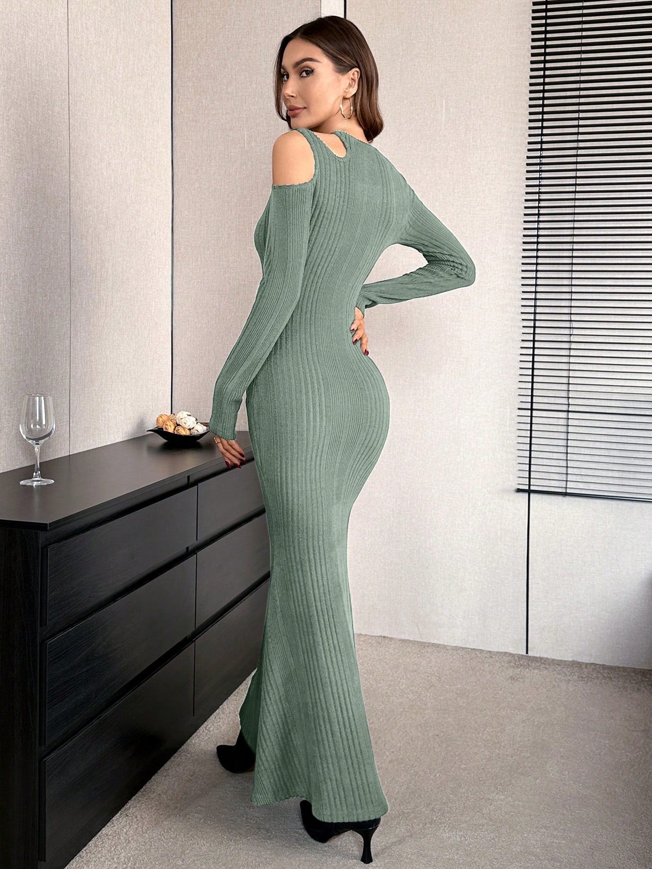 Buy SHEIN Priv̩ Solid Irregular Collar Long Sleeve Bodycon Dress in Pakistan