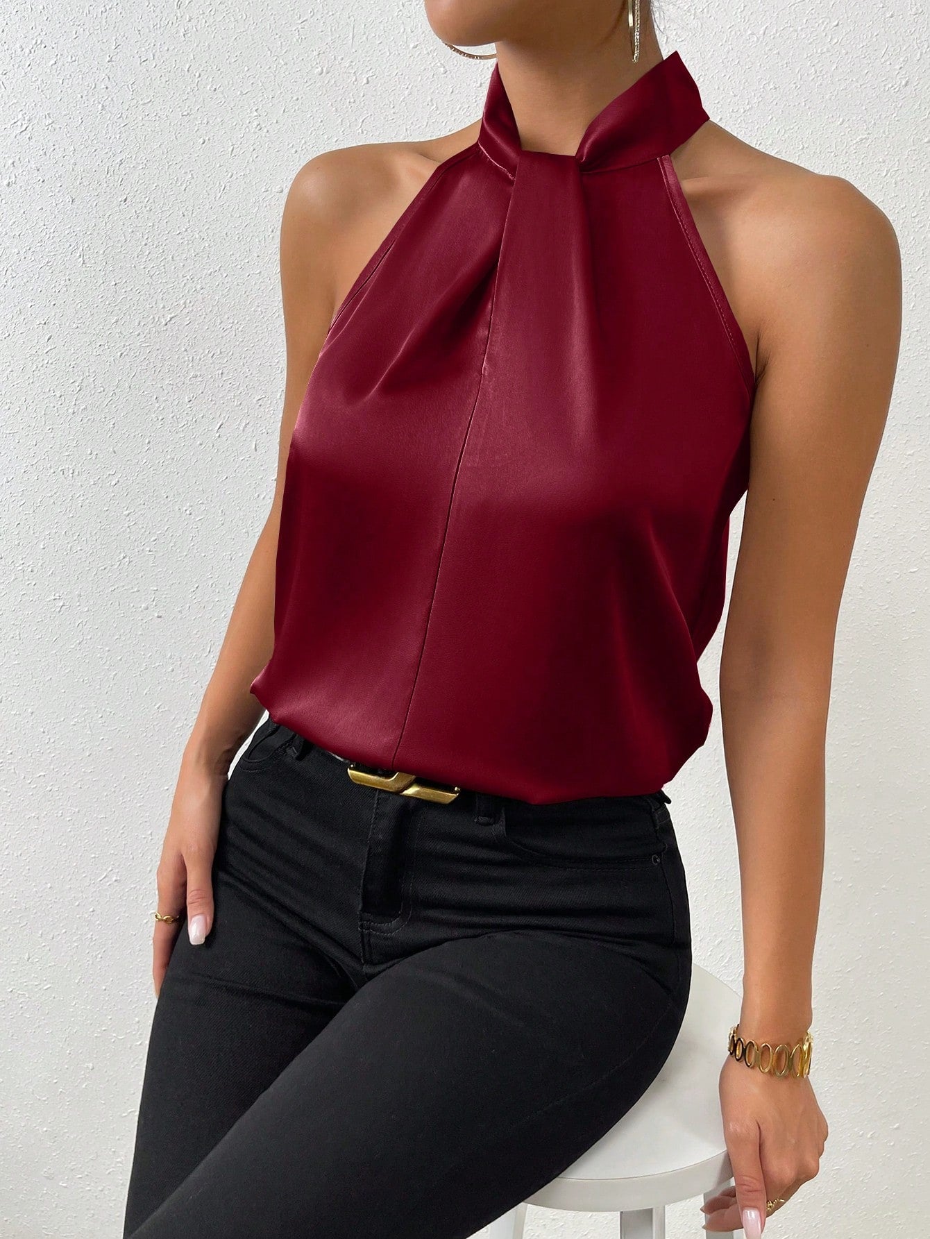 Buy SHEIN Priv̩ Solid Satin Halter Neck Blouse in Pakistan
