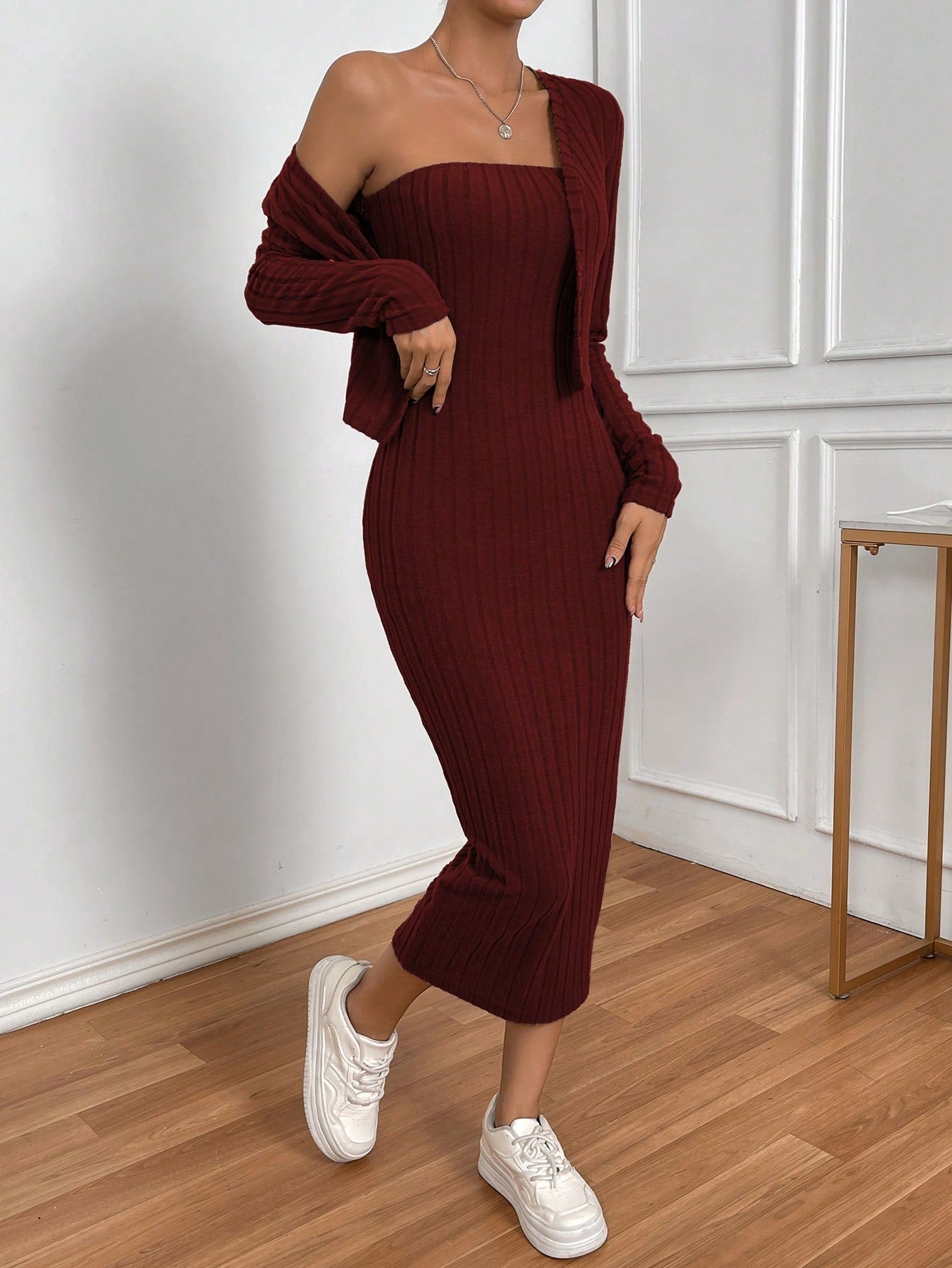 Buy SHEIN Privé Solid Tube Dress & Open Front Jacket in Pakistan