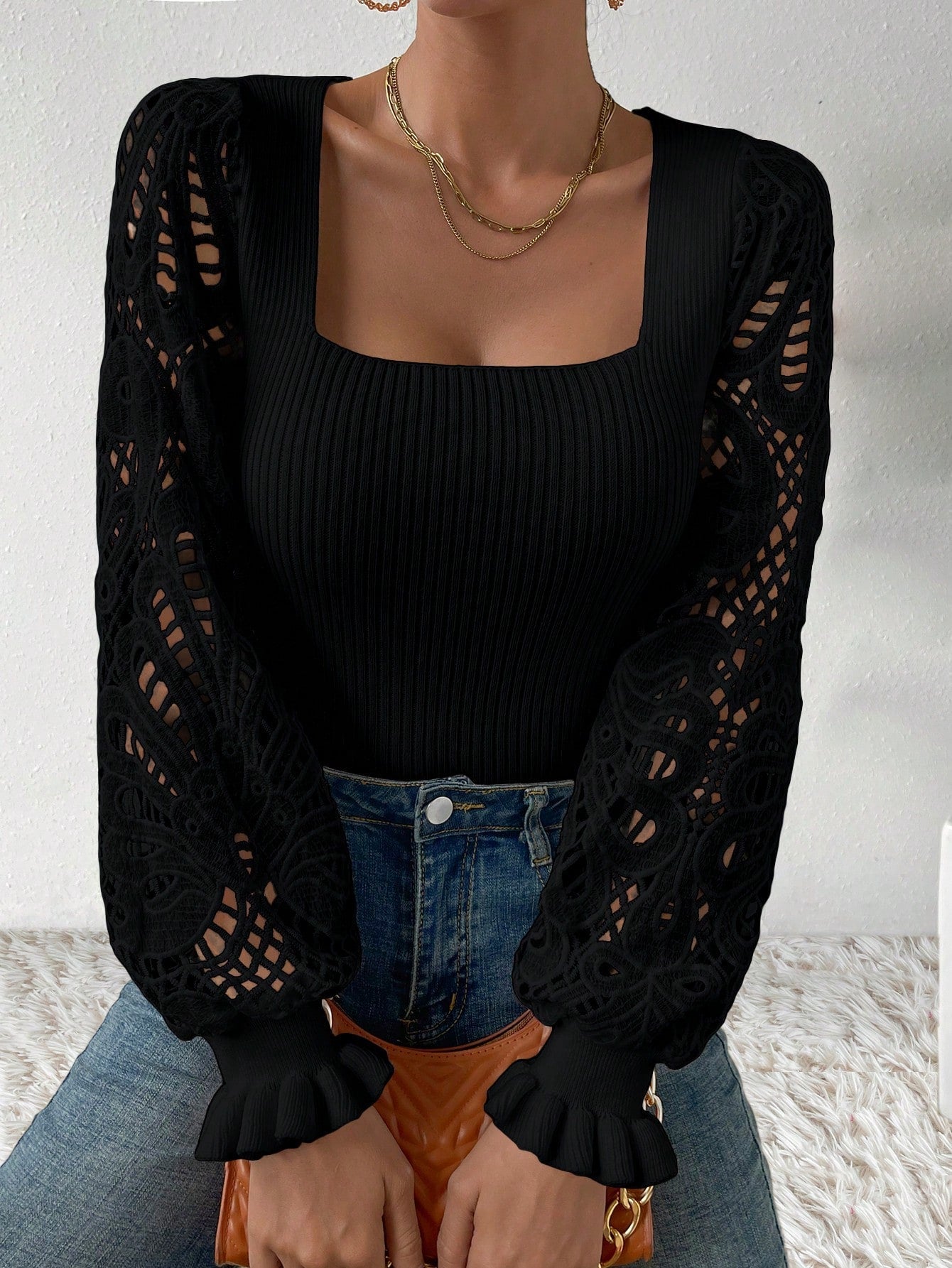 Buy SHEIN Privé Square Neck Flare Sleeve Sweater in Pakistan