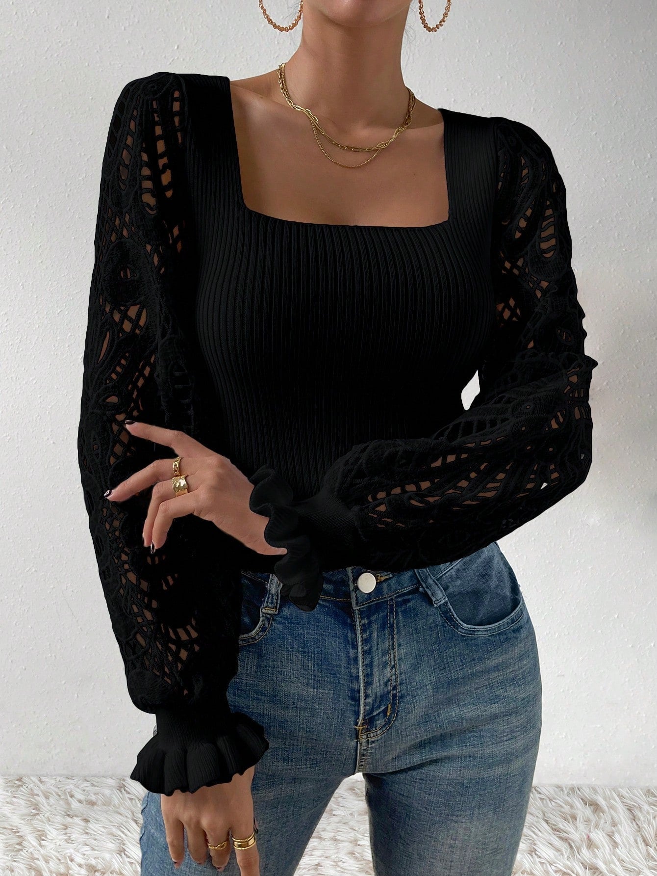 Buy SHEIN Privé Square Neck Flare Sleeve Sweater in Pakistan