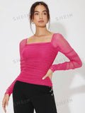 Buy SHEIN Priv̩ Square Neck Ruched Glitter Mesh Top in Pakistan