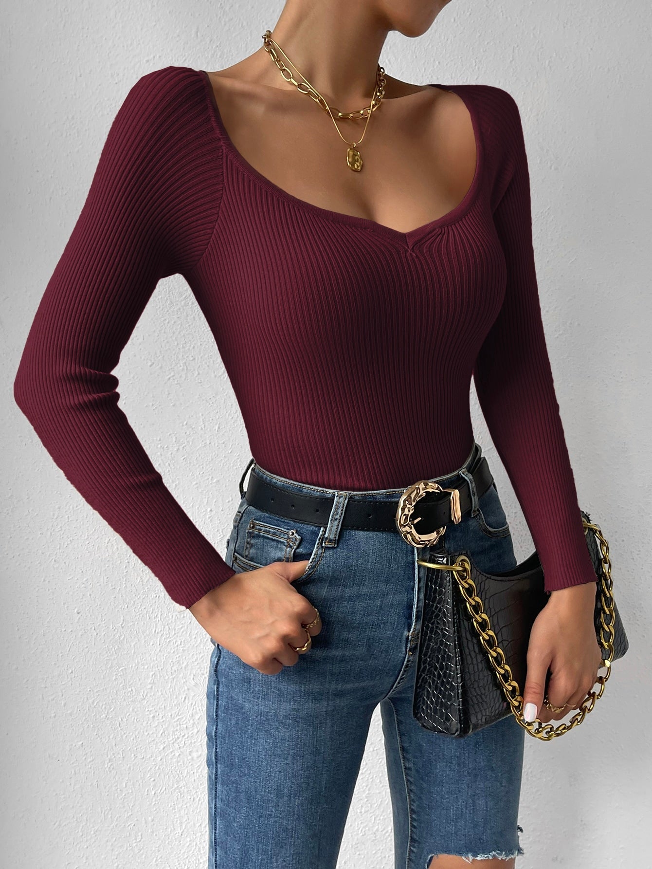 Buy SHEIN Privé Sweetheart Neck Ribbed Knit Sweater in Pakistan