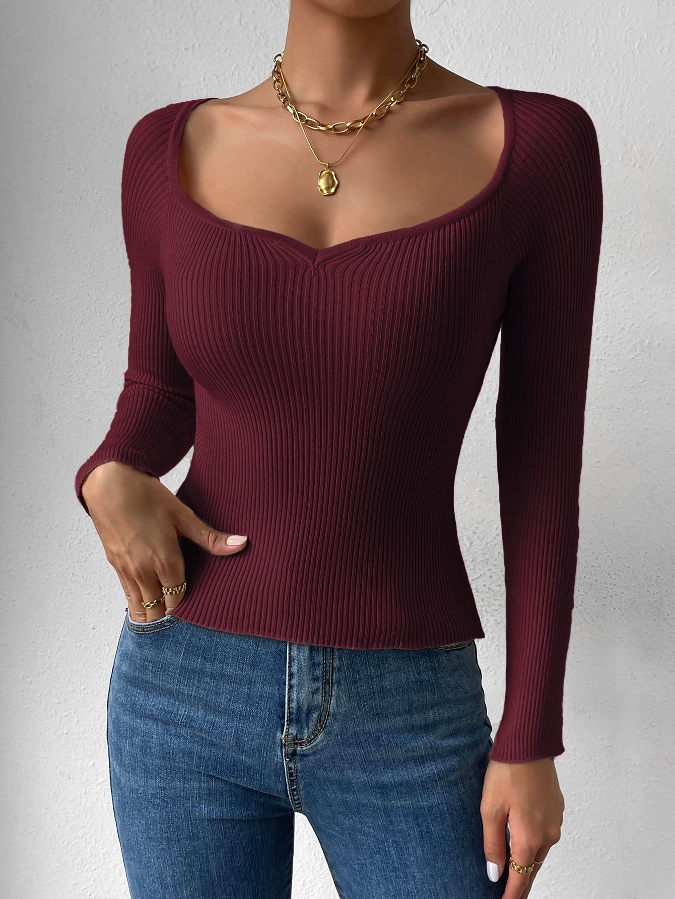 Buy SHEIN Privé Sweetheart Neck Ribbed Knit Sweater in Pakistan