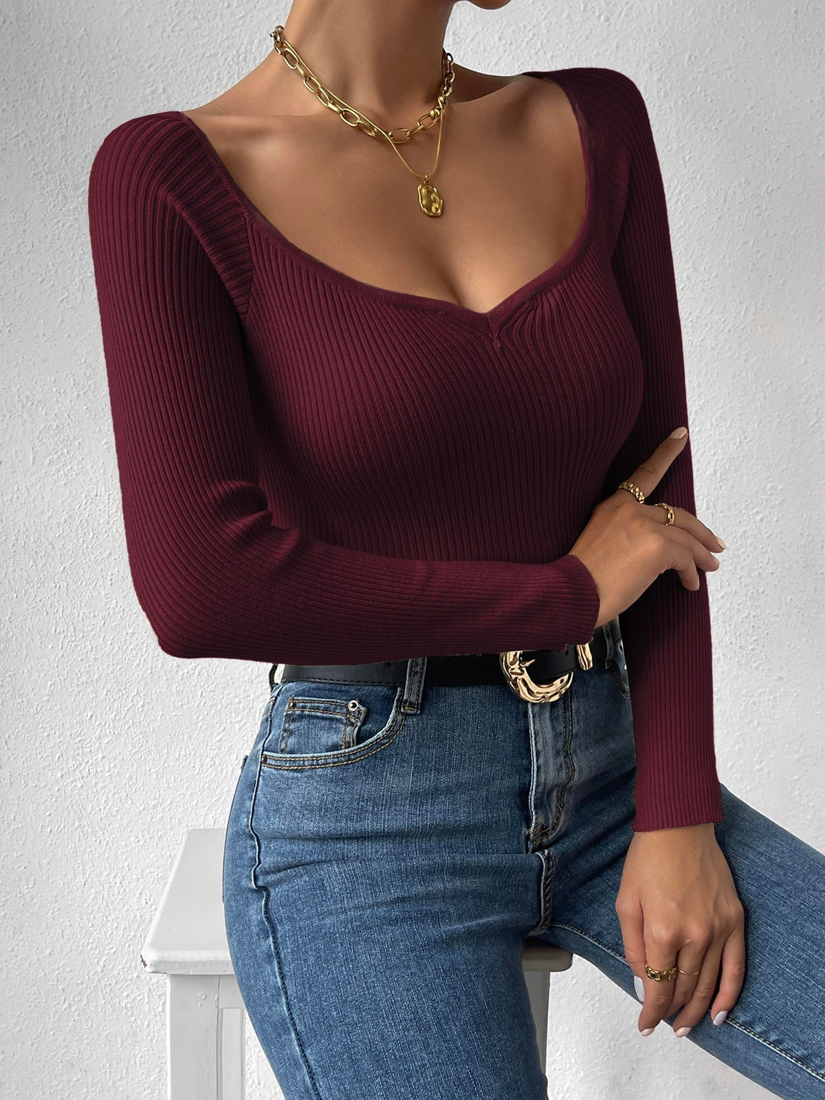 Buy SHEIN Privé Sweetheart Neck Ribbed Knit Sweater in Pakistan