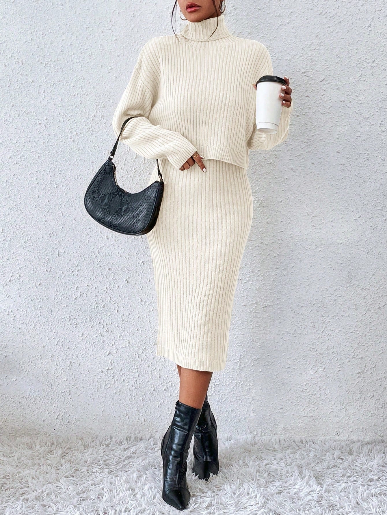 Buy SHEIN Privé Turtleneck Drop Shoulder Sweater & Knit Skirt in Pakistan
