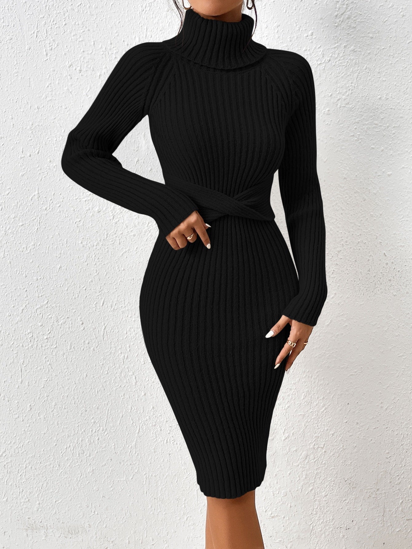 Buy SHEIN Privé Turtleneck Raglan Sleeve Twist Front Sweater Dress in Pakistan