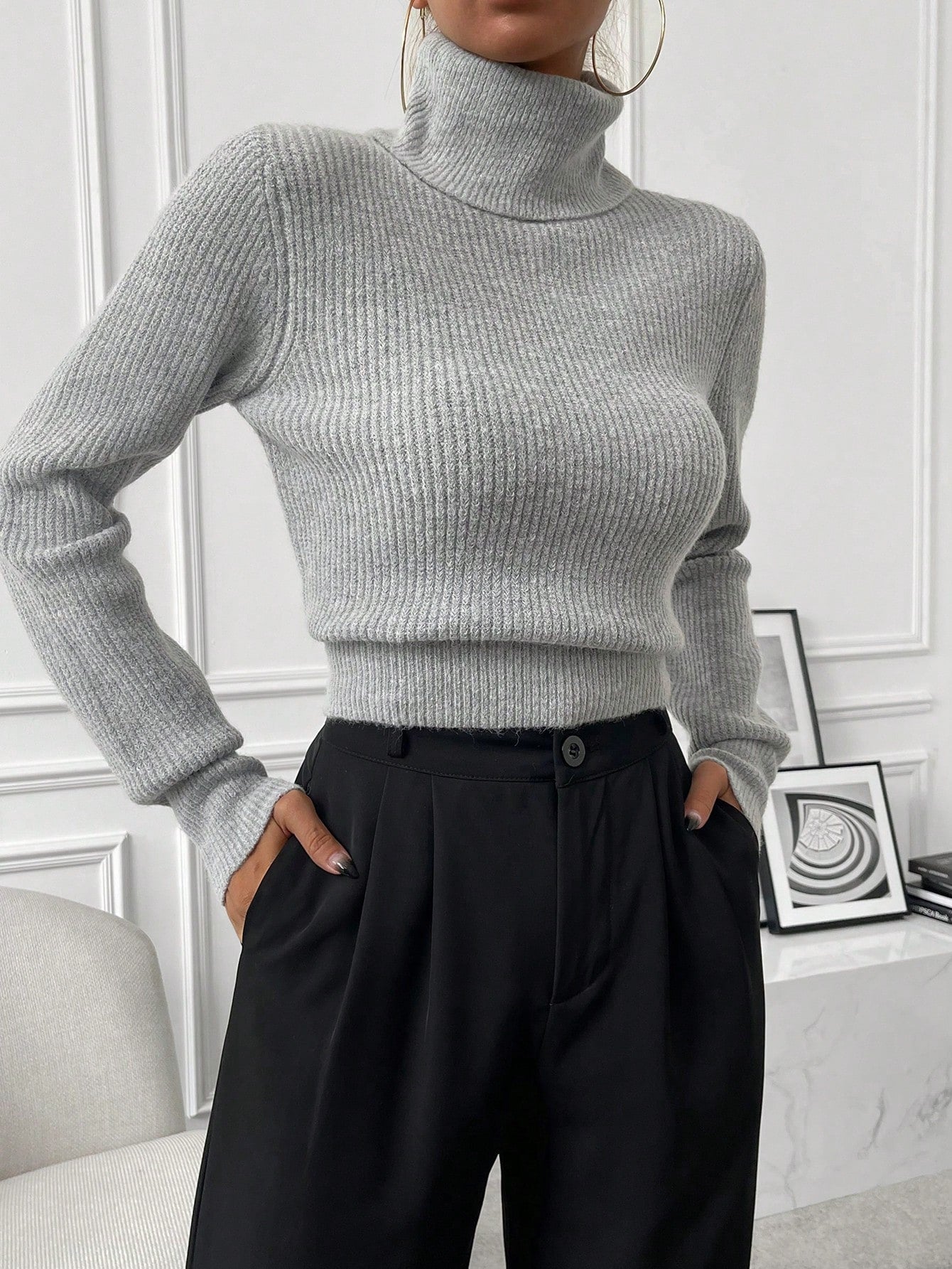 Buy SHEIN Privé Turtleneck Ribbed Knit Turtleneck Sweater in Pakistan