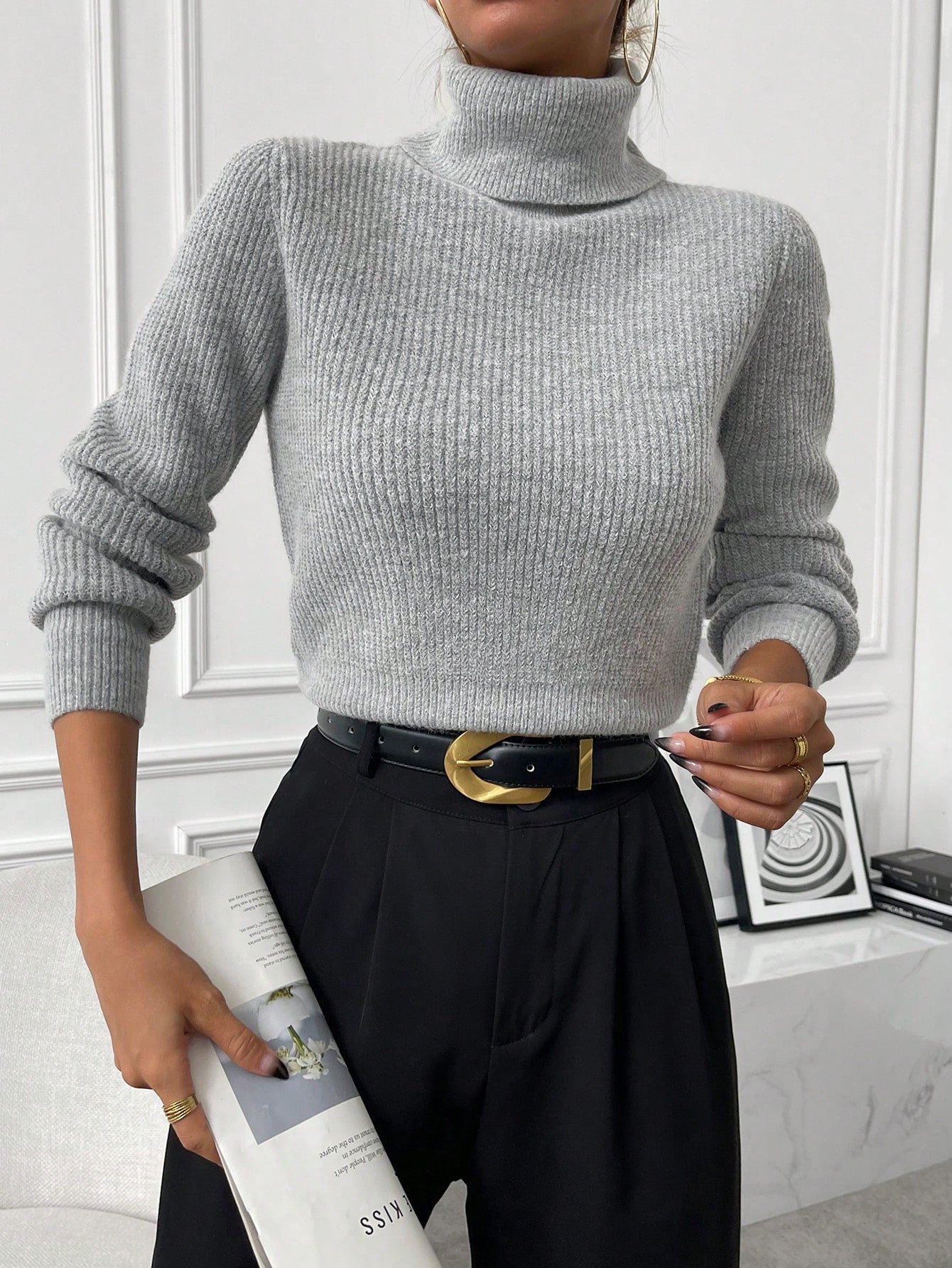 Buy SHEIN Privé Turtleneck Ribbed Knit Turtleneck Sweater in Pakistan