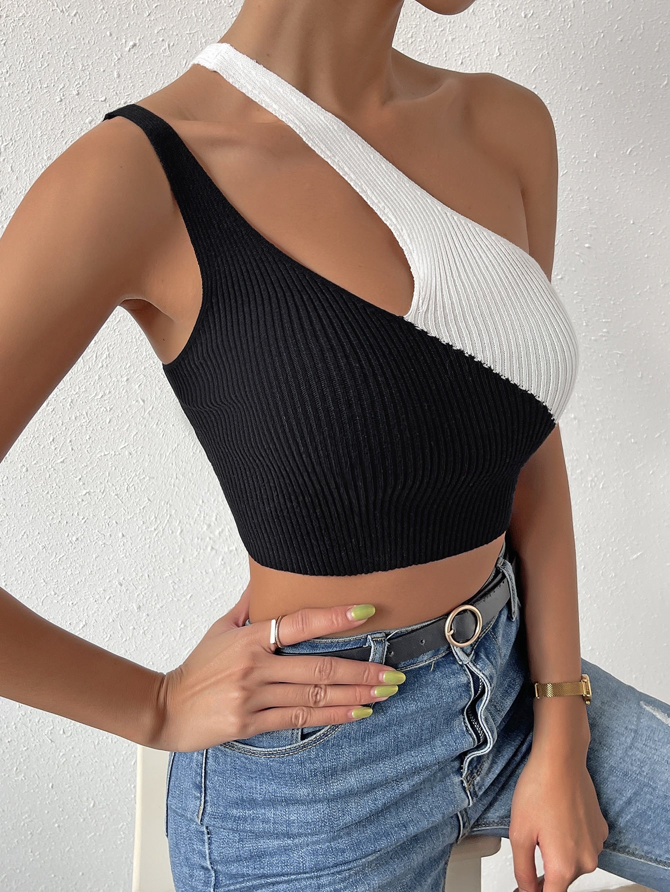 Buy SHEIN Privé Two Tone One Shoulder Cut Out Crop Knit Top in Pakistan