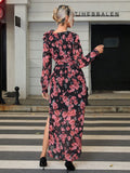Buy SHEIN Priv̩ Women's Floral Print V-neck Waist Cinched Side Slit Hem Dress in Pakistan