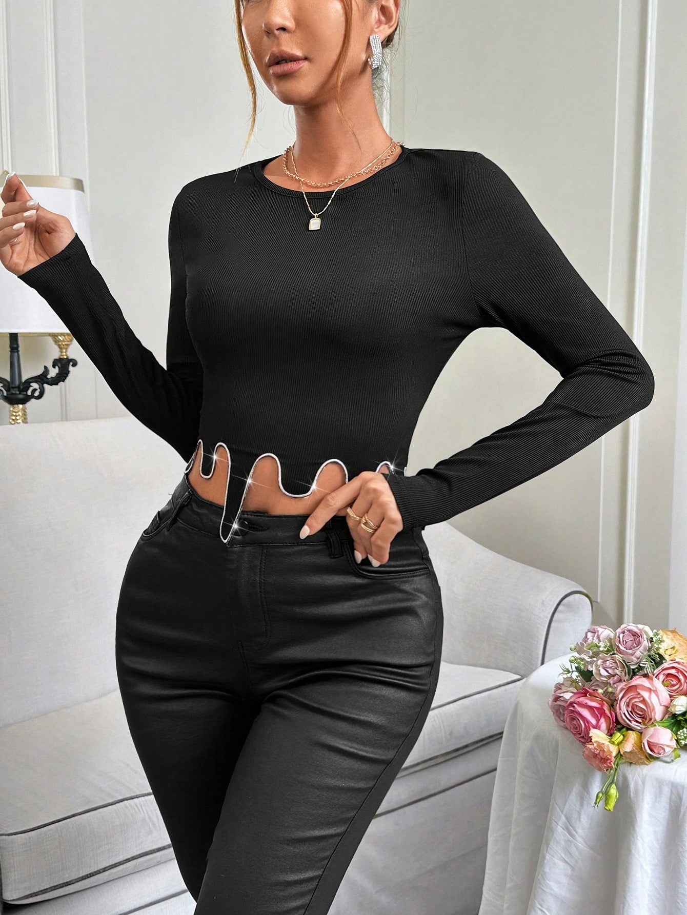 Buy SHEIN Priv̩ Women's Rhinestone Decoration Irregular Hem T-shirt in Pakistan