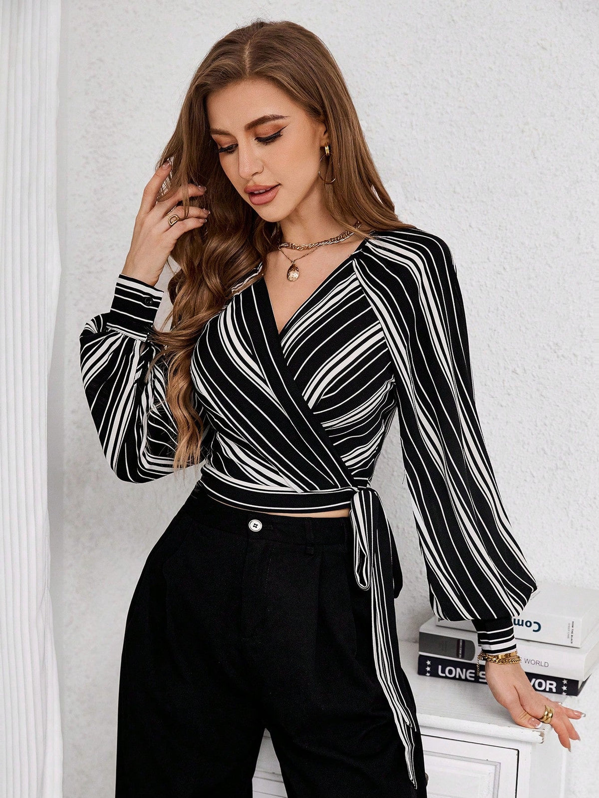 Buy SHEIN Priv̩ Women's Striped Print Raglan Sleeve Crop Tie Front Shirt in Pakistan