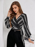 Buy SHEIN Priv̩ Women's Striped Print Raglan Sleeve Crop Tie Front Shirt in Pakistan