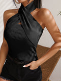 Buy SHEIN Privé Wrap Cross Backless Halterneck Ribbed Knit Top in Pakistan