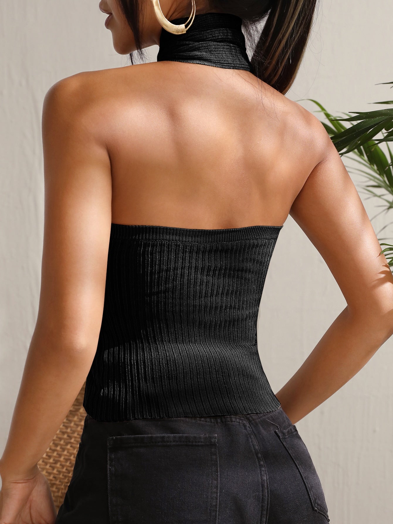 Buy SHEIN Privé Wrap Cross Backless Halterneck Ribbed Knit Top in Pakistan