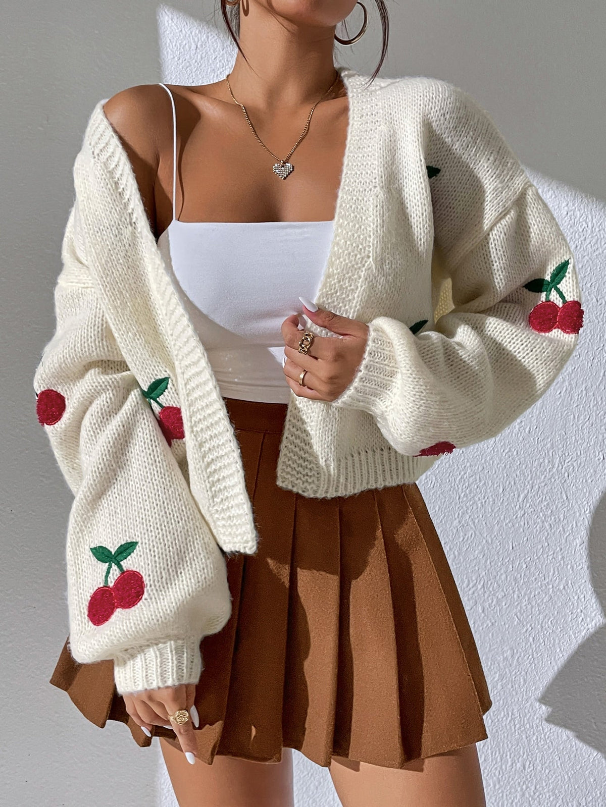 Buy SHEIN Qutie Cherry Embroidery Lantern Sleeve Cardigan in Pakistan
