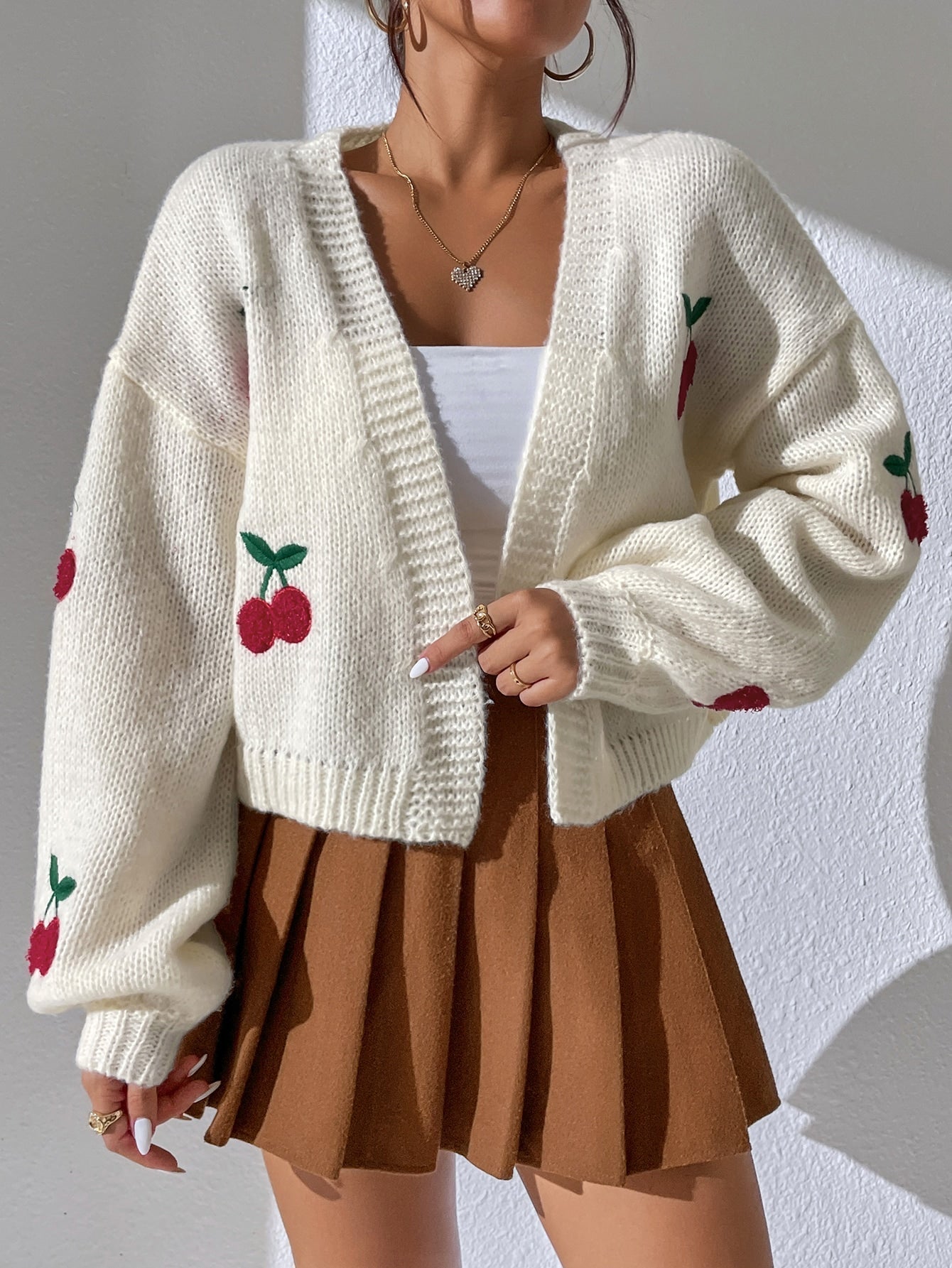 Buy SHEIN Qutie Cherry Embroidery Lantern Sleeve Cardigan in Pakistan