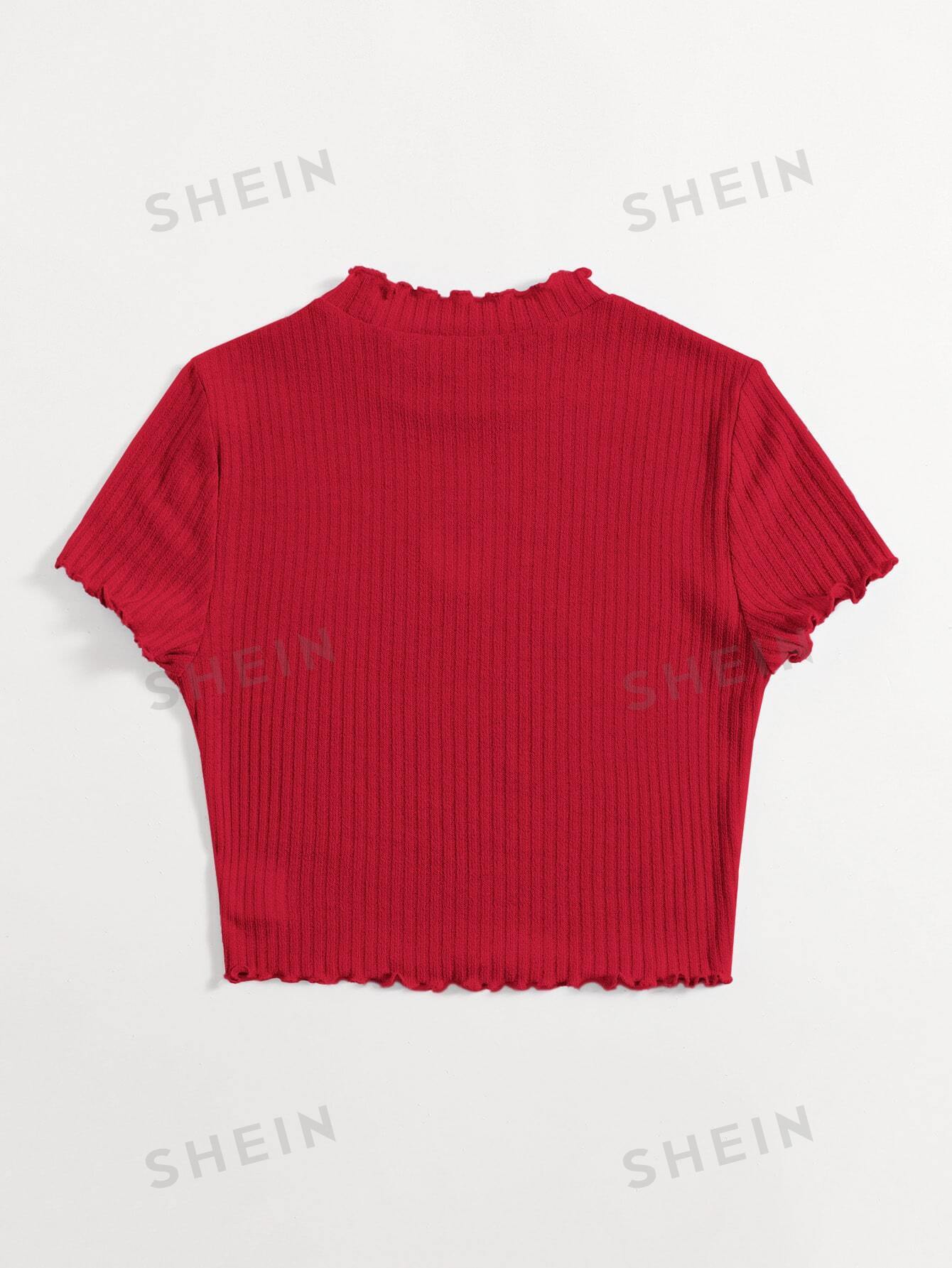 Buy SHEIN Qutie Heart Cutout Detail Lettuce Trim Wavy Edge Short Sleeves Summer Tee in Pakistan