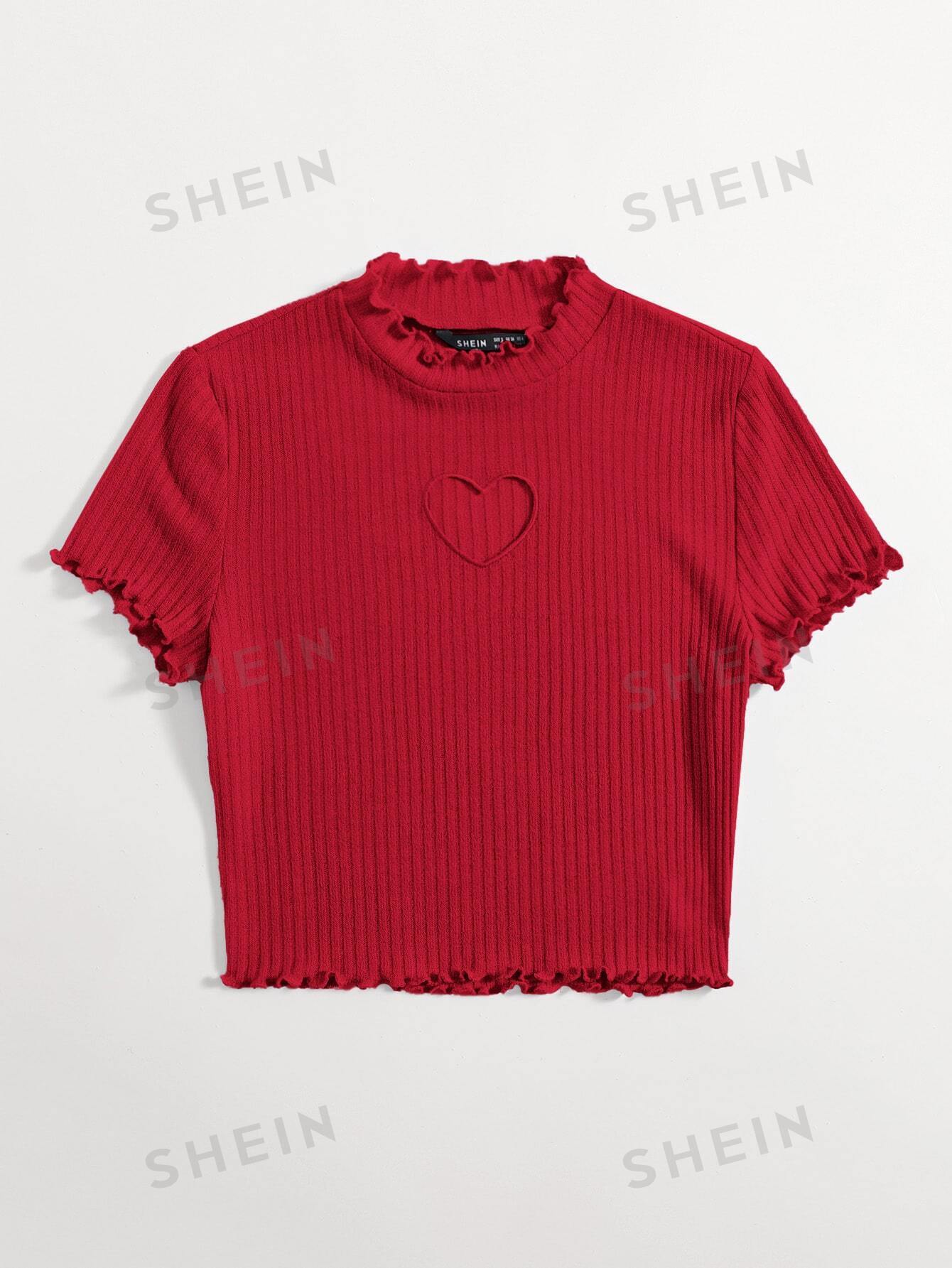 Buy SHEIN Qutie Heart Cutout Detail Lettuce Trim Wavy Edge Short Sleeves Summer Tee in Pakistan