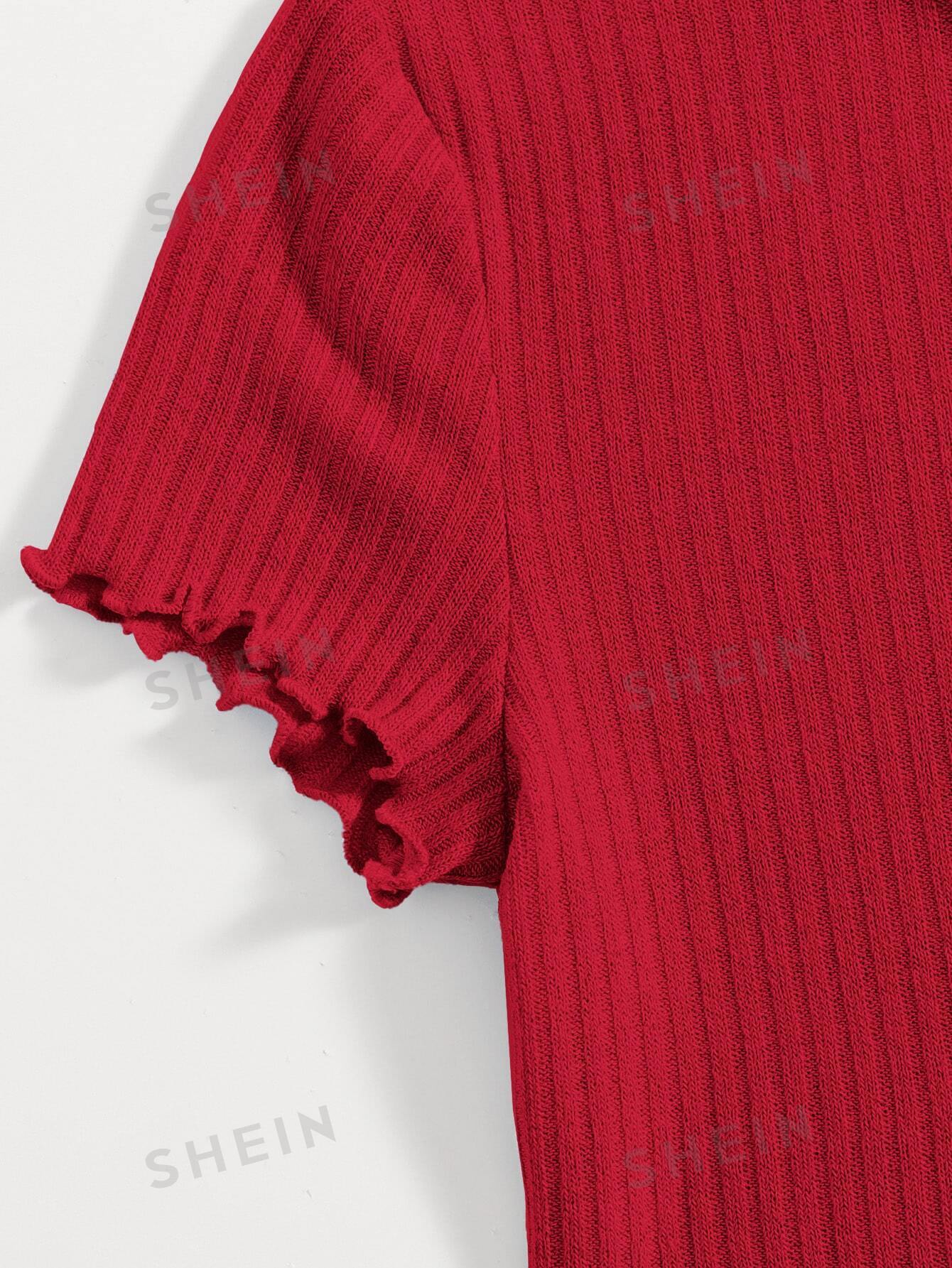 Buy SHEIN Qutie Heart Cutout Detail Lettuce Trim Wavy Edge Short Sleeves Summer Tee in Pakistan