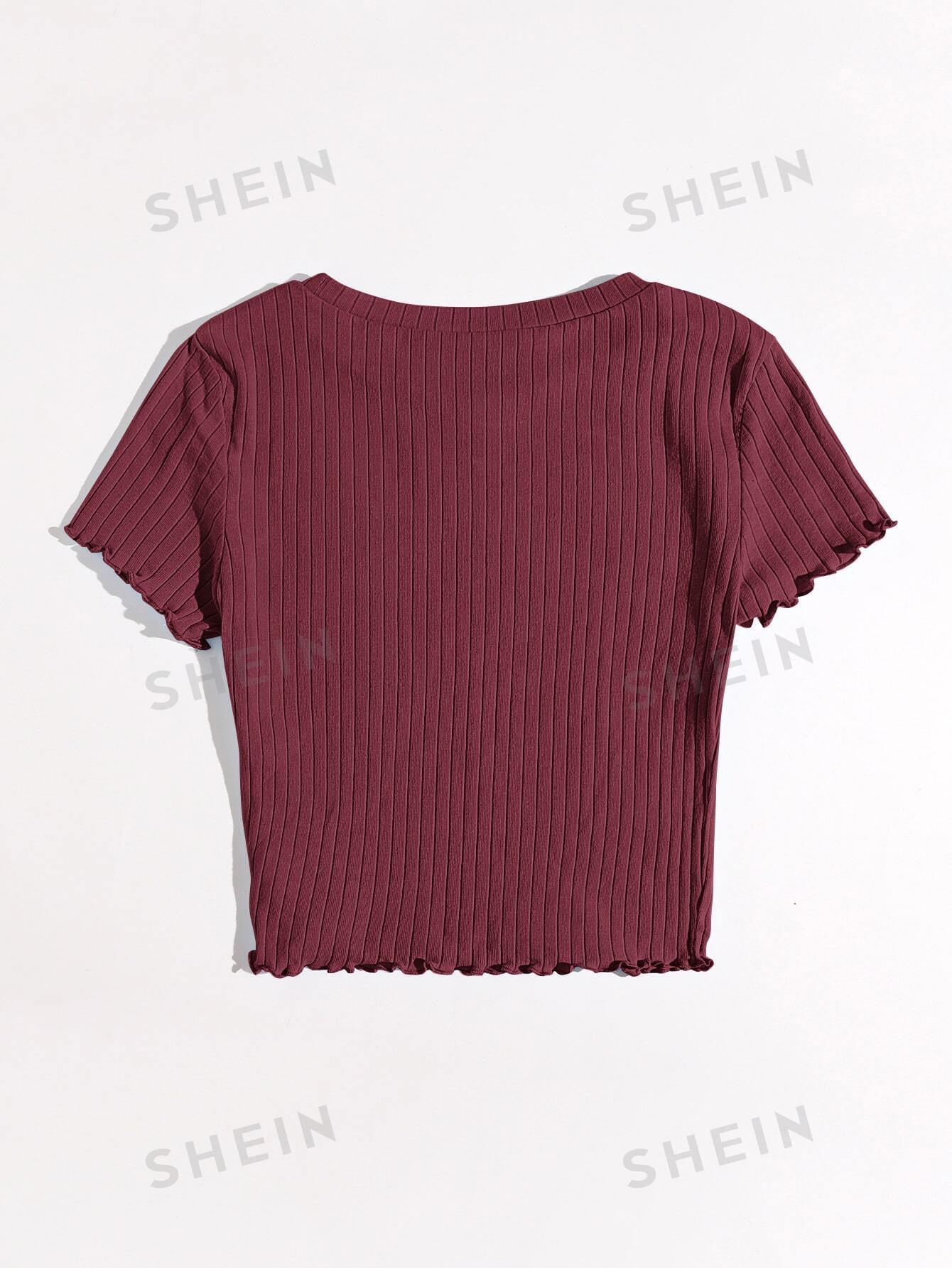 Buy SHEIN Qutie Solid Lettuce Trim Rib-knit Tee in Pakistan