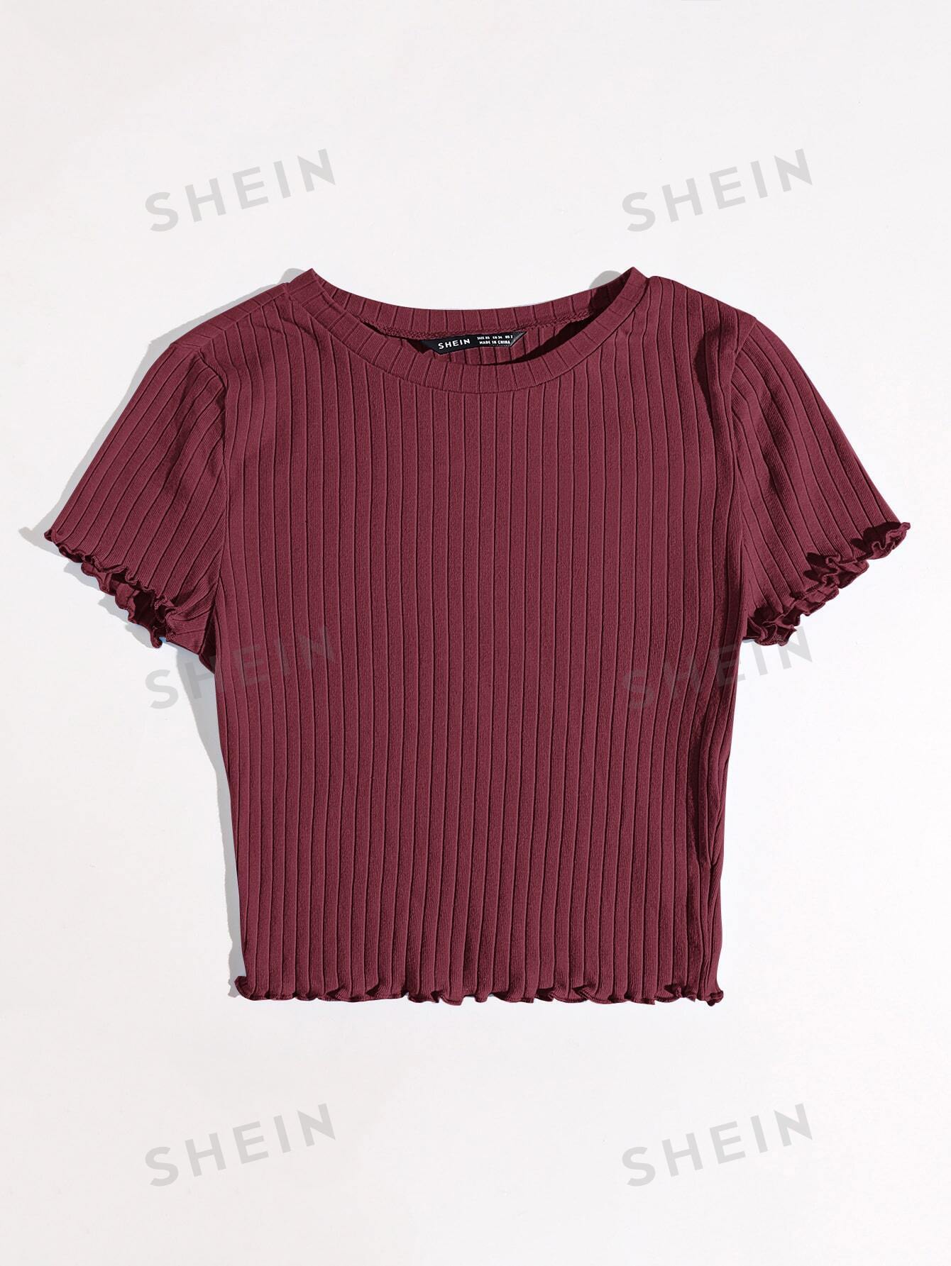 Buy SHEIN Qutie Solid Lettuce Trim Rib-knit Tee in Pakistan