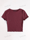 Buy SHEIN Qutie Solid Lettuce Trim Rib-knit Tee in Pakistan