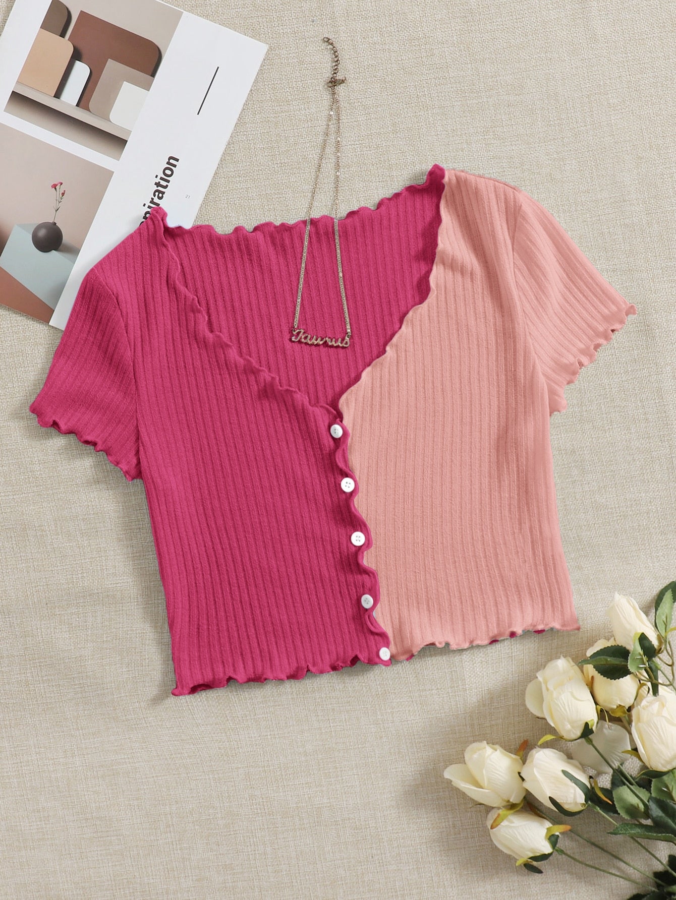 Buy SHEIN Qutie Two Tone Lettuce Trim Tee in Pakistan