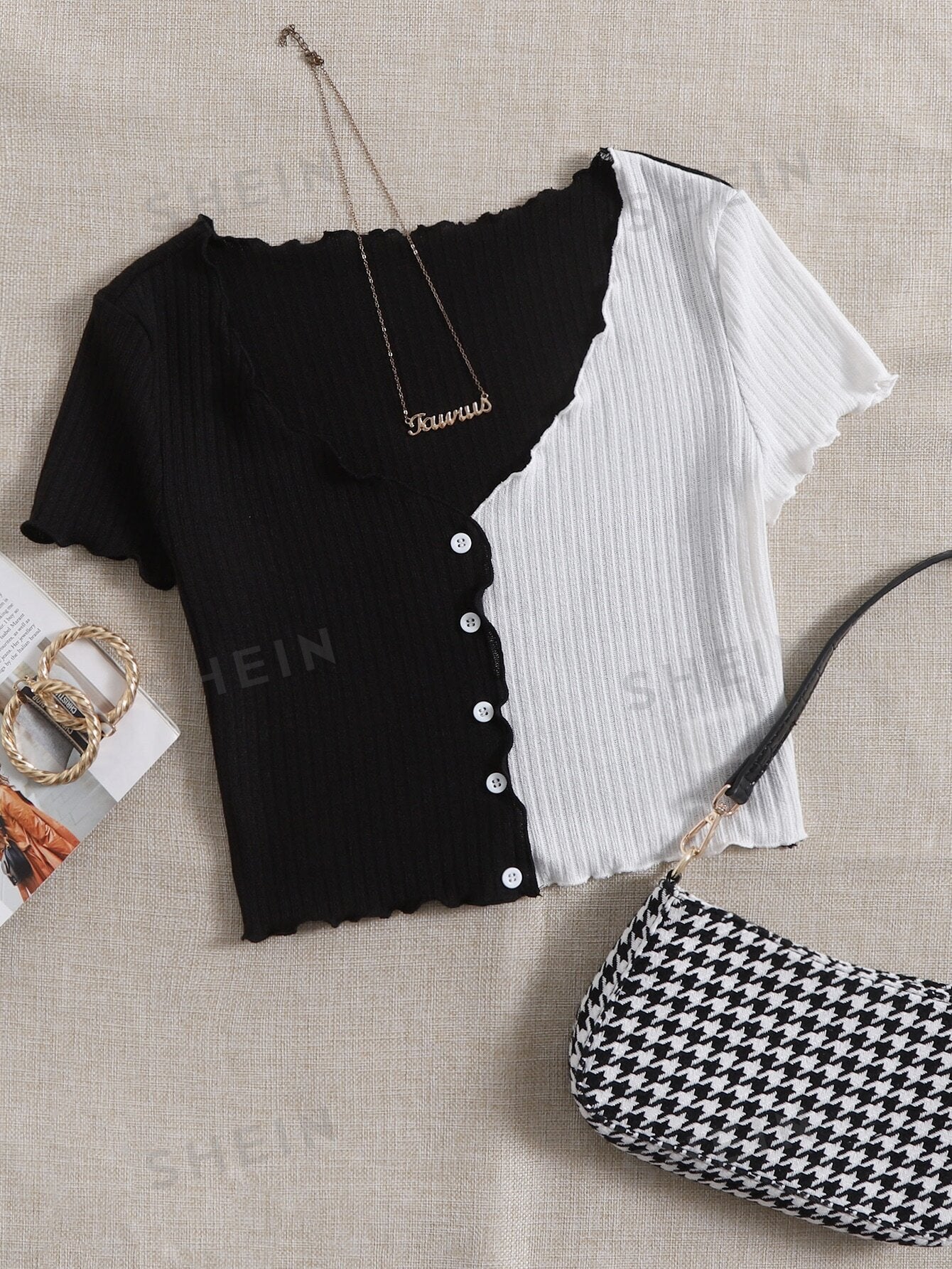 Buy SHEIN Qutie Two Tone Lettuce Trim Tee in Pakistan