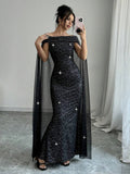 Buy SHEIN Raffinéa Elegant Off-Shoulder Sparkly Cape Evening Dress in Pakistan