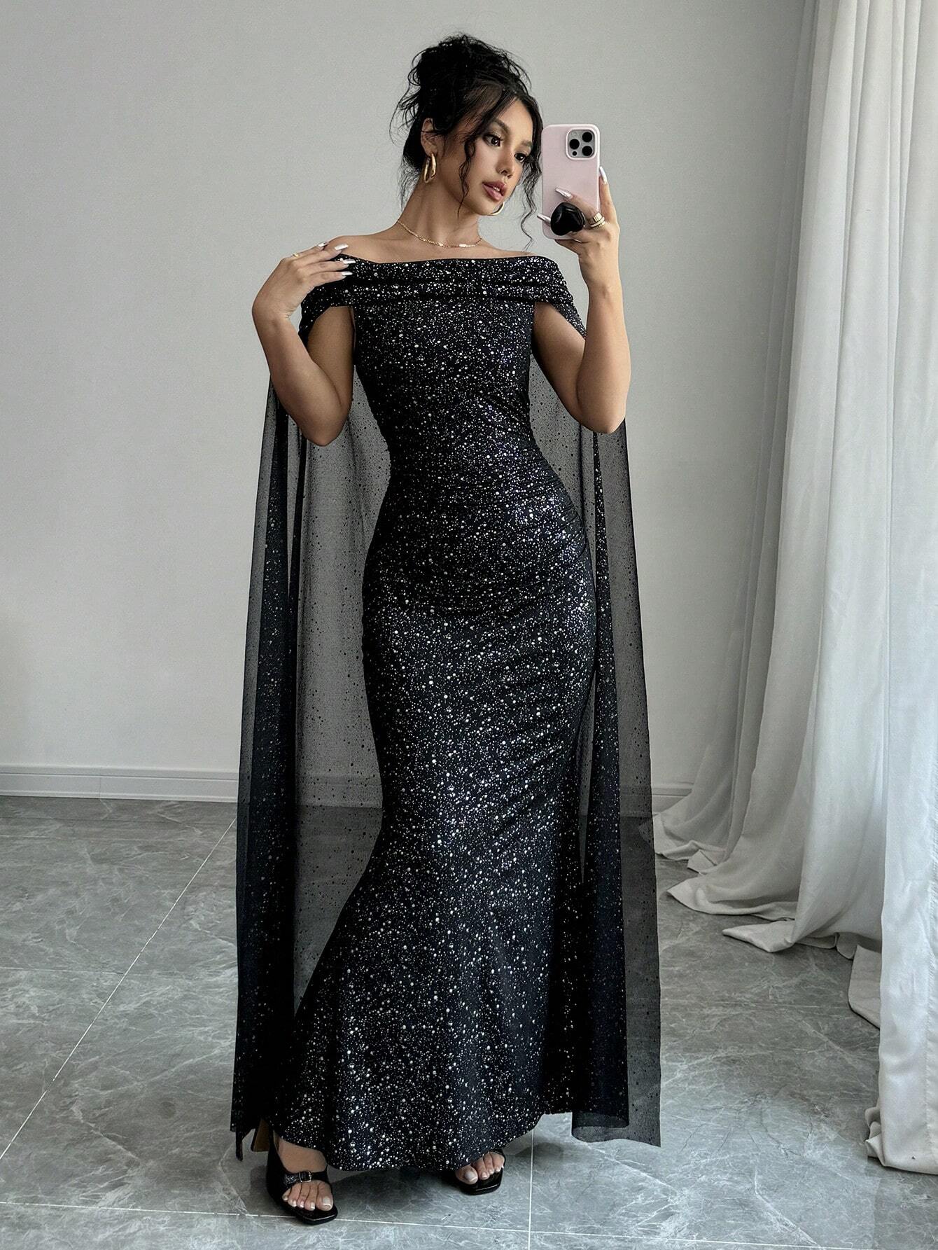 Buy SHEIN Raffinéa Elegant Off-Shoulder Sparkly Cape Evening Dress in Pakistan