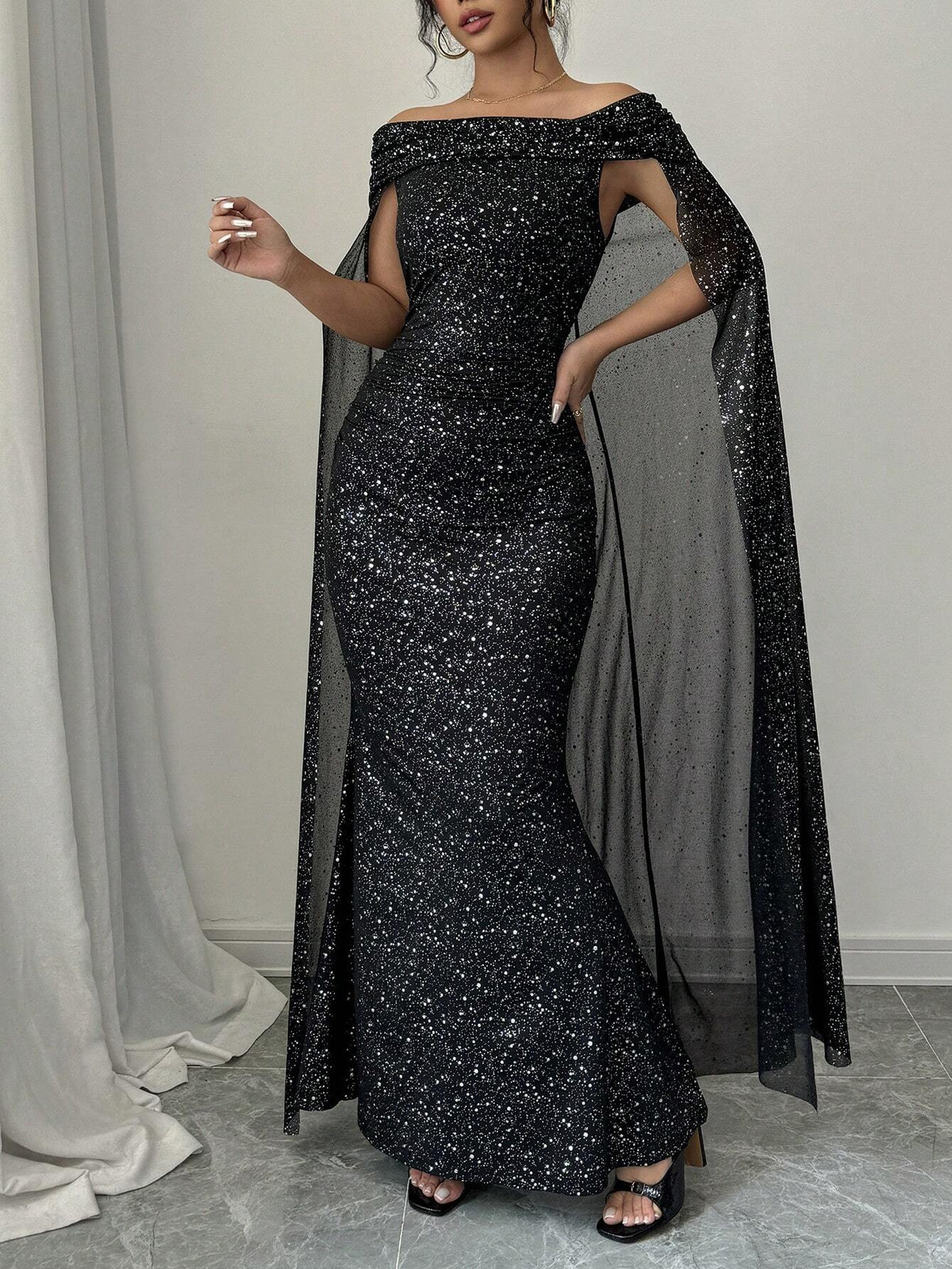 Buy SHEIN Raffinéa Elegant Off-Shoulder Sparkly Cape Evening Dress in Pakistan