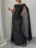 Buy SHEIN Raffinéa Elegant Off-Shoulder Sparkly Cape Evening Dress in Pakistan