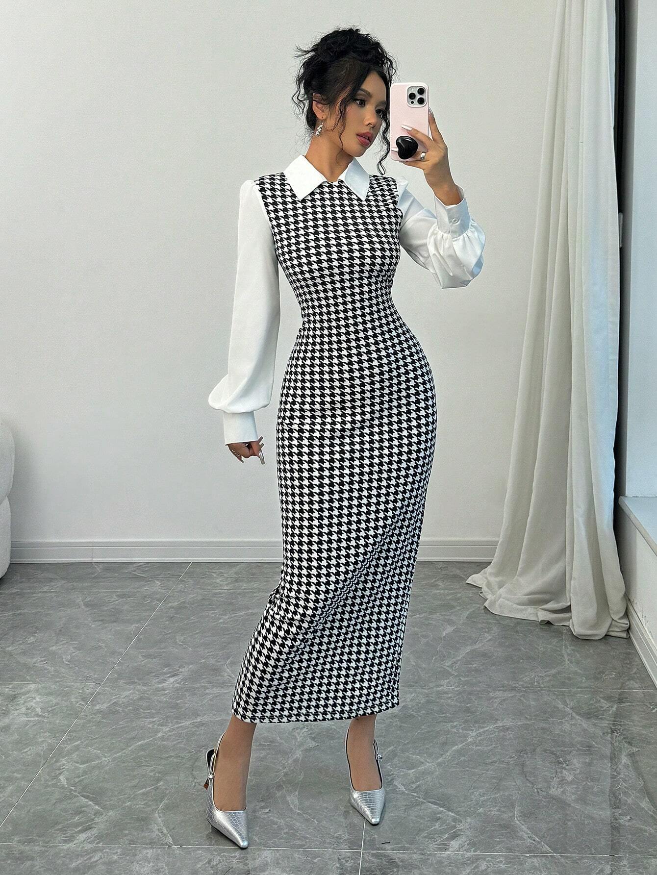 Buy SHEIN Raffinéa Fashionable Elegant Slim Long Patchwork Puff Sleeve Collar Houndstooth Pattern Fabric Women's Long Dress in Pakistan