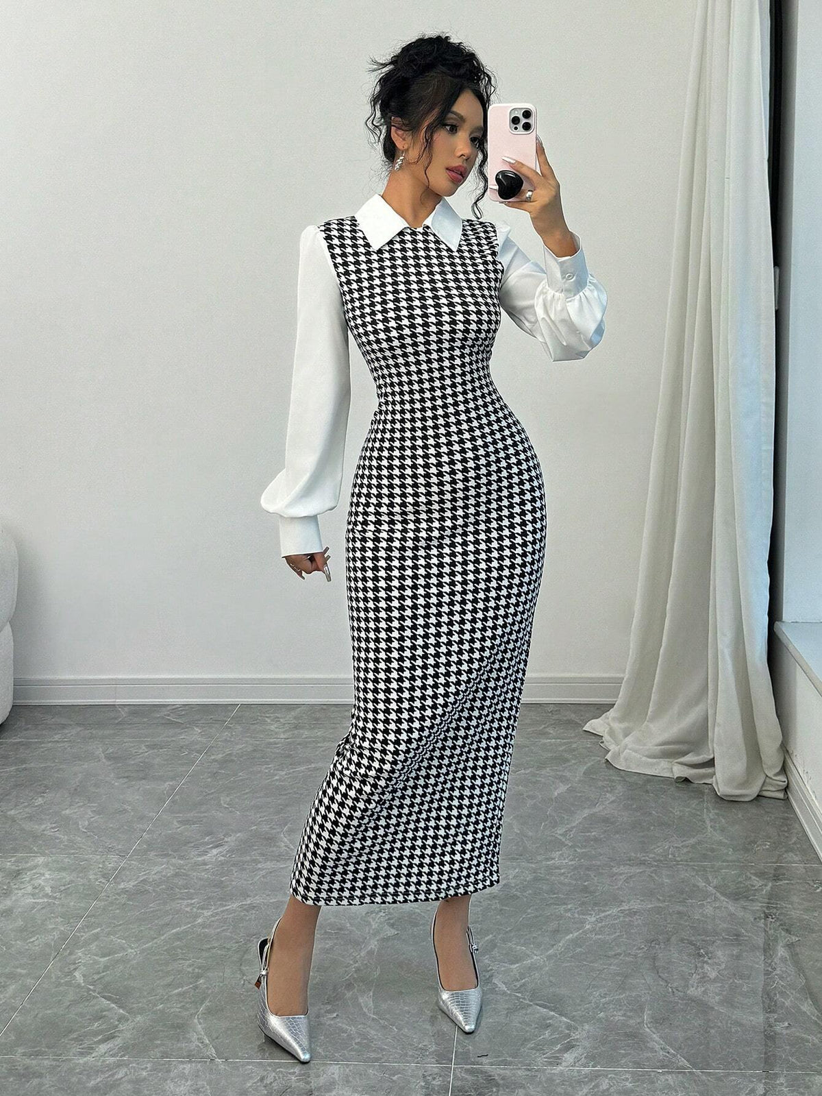 Buy SHEIN Raffinéa Fashionable Elegant Slim Long Patchwork Puff Sleeve Collar Houndstooth Pattern Fabric Women's Long Dress in Pakistan