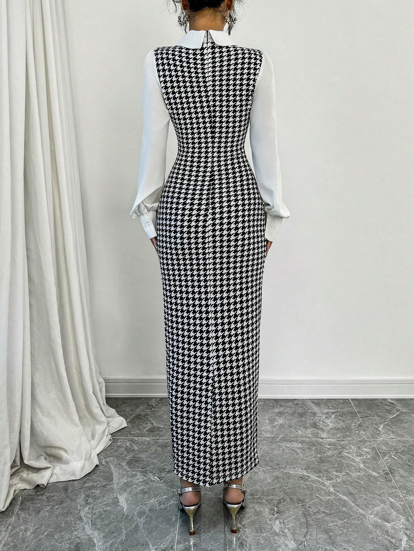 Buy SHEIN Raffinéa Fashionable Elegant Slim Long Patchwork Puff Sleeve Collar Houndstooth Pattern Fabric Women's Long Dress in Pakistan