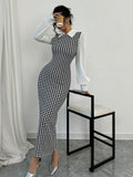 Buy SHEIN Raffinéa Fashionable Elegant Slim Long Patchwork Puff Sleeve Collar Houndstooth Pattern Fabric Women's Long Dress in Pakistan
