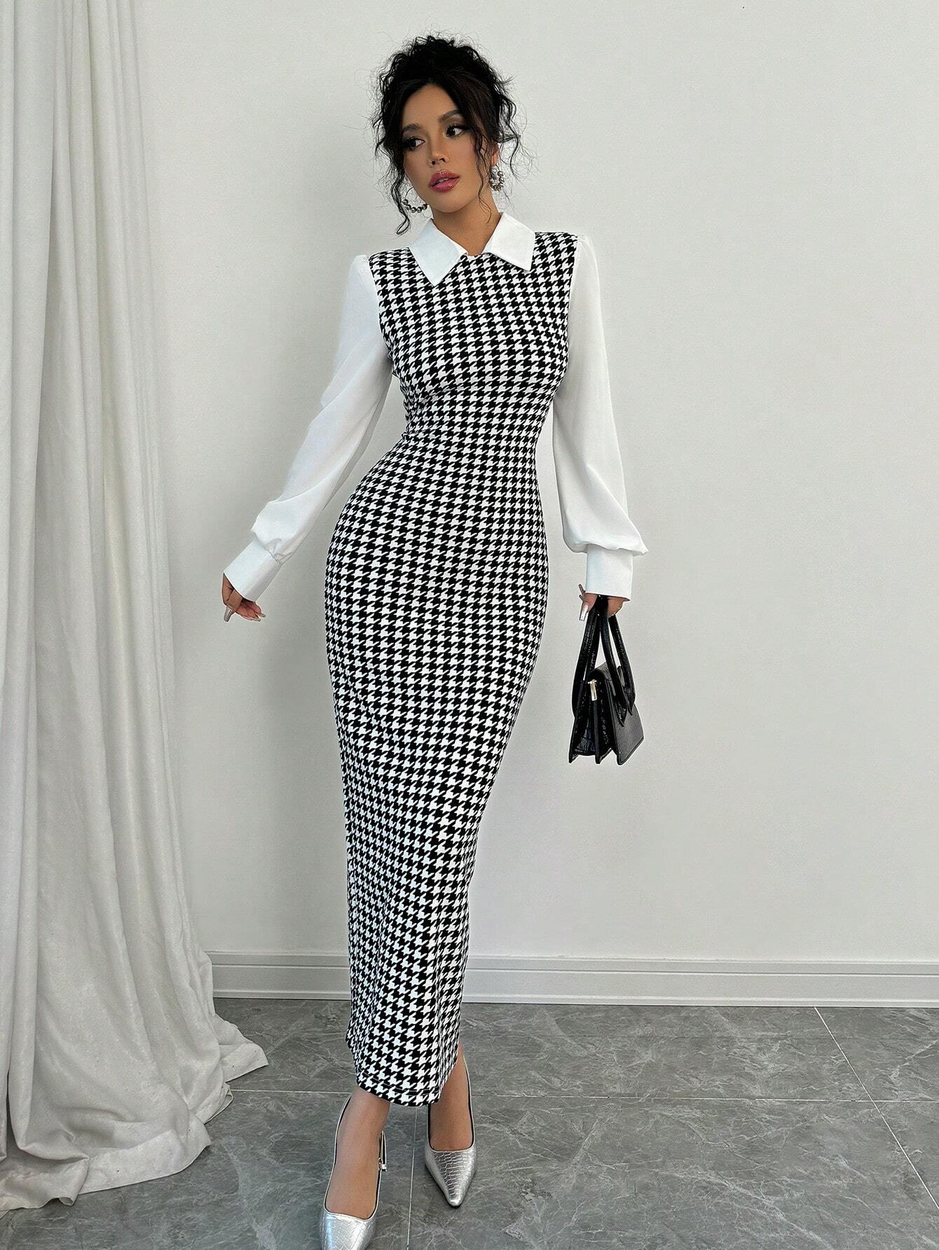 Buy SHEIN Raffinéa Fashionable Elegant Slim Long Patchwork Puff Sleeve Collar Houndstooth Pattern Fabric Women's Long Dress in Pakistan