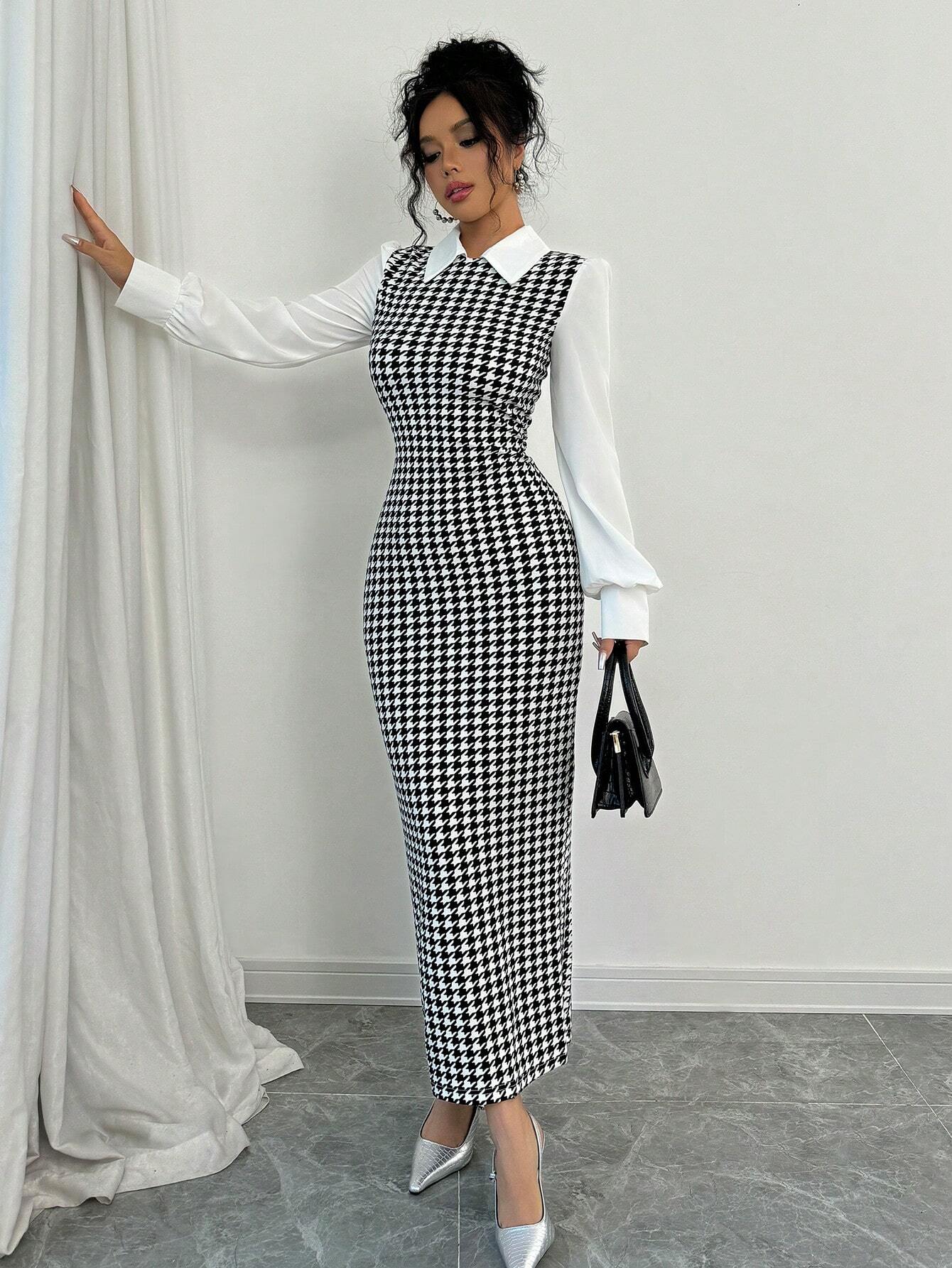 Buy SHEIN Raffinéa Fashionable Elegant Slim Long Patchwork Puff Sleeve Collar Houndstooth Pattern Fabric Women's Long Dress in Pakistan