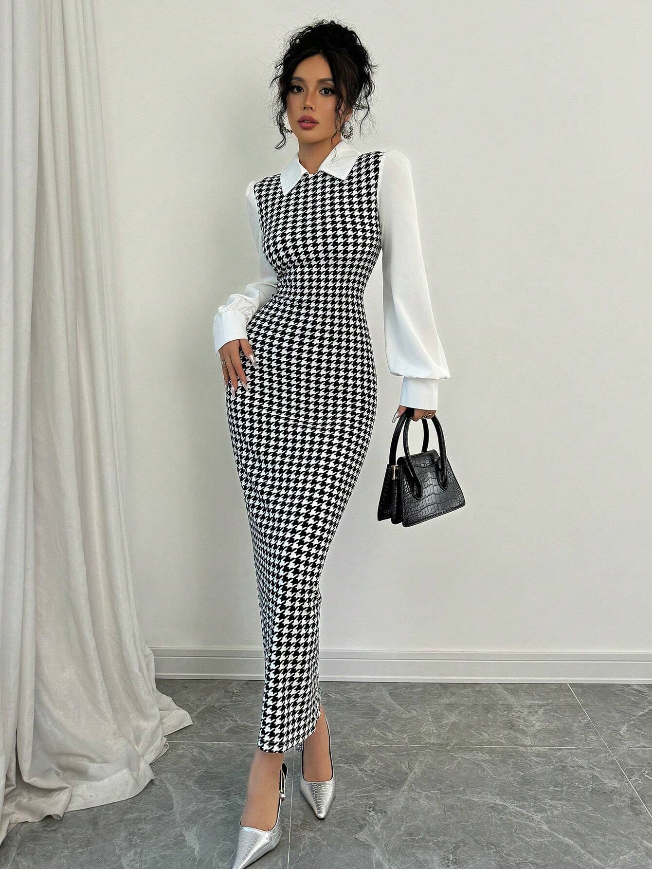 Buy SHEIN Raffinéa Fashionable Elegant Slim Long Patchwork Puff Sleeve Collar Houndstooth Pattern Fabric Women's Long Dress in Pakistan