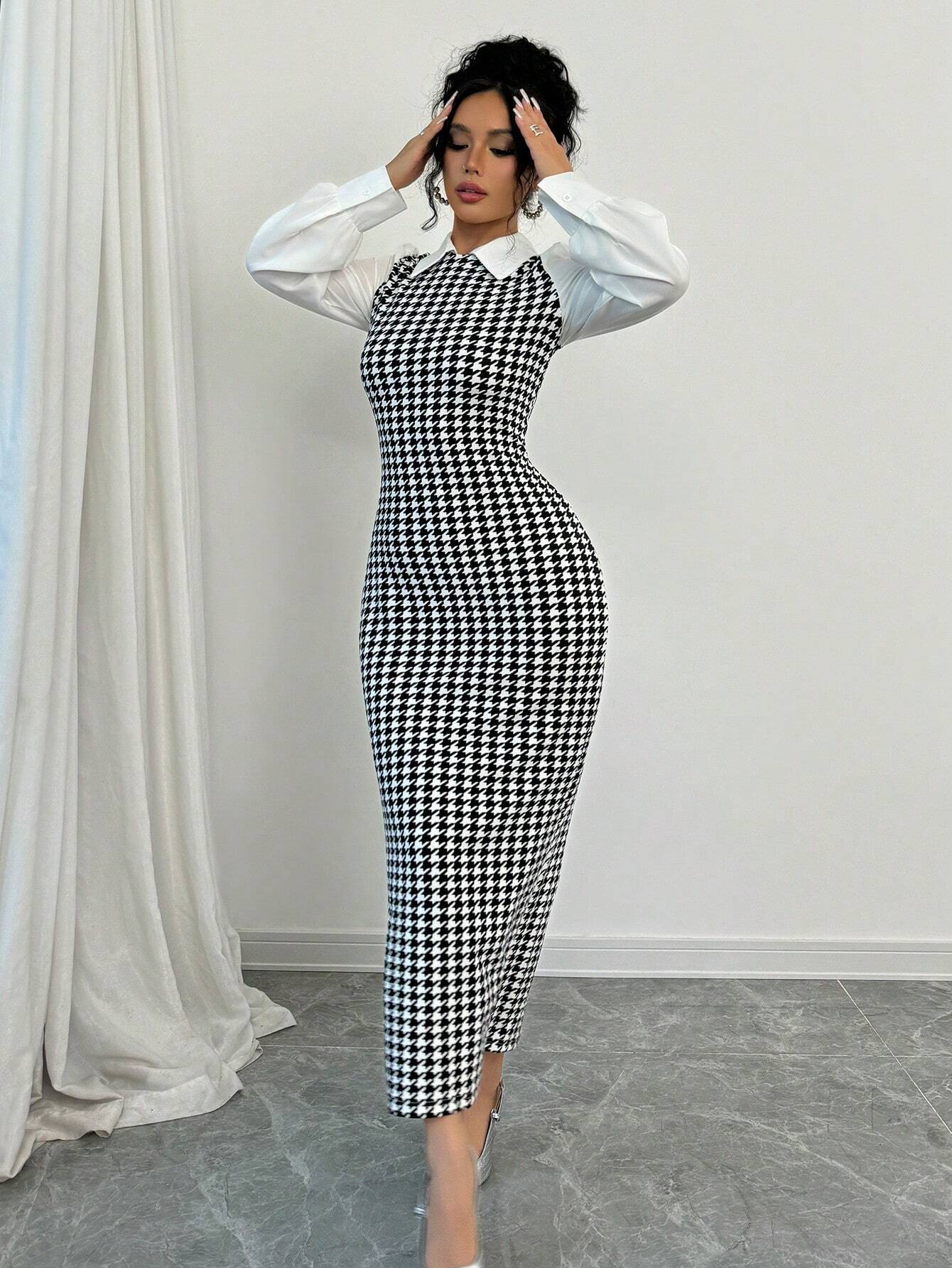 Buy SHEIN Raffinéa Fashionable Elegant Slim Long Patchwork Puff Sleeve Collar Houndstooth Pattern Fabric Women's Long Dress in Pakistan