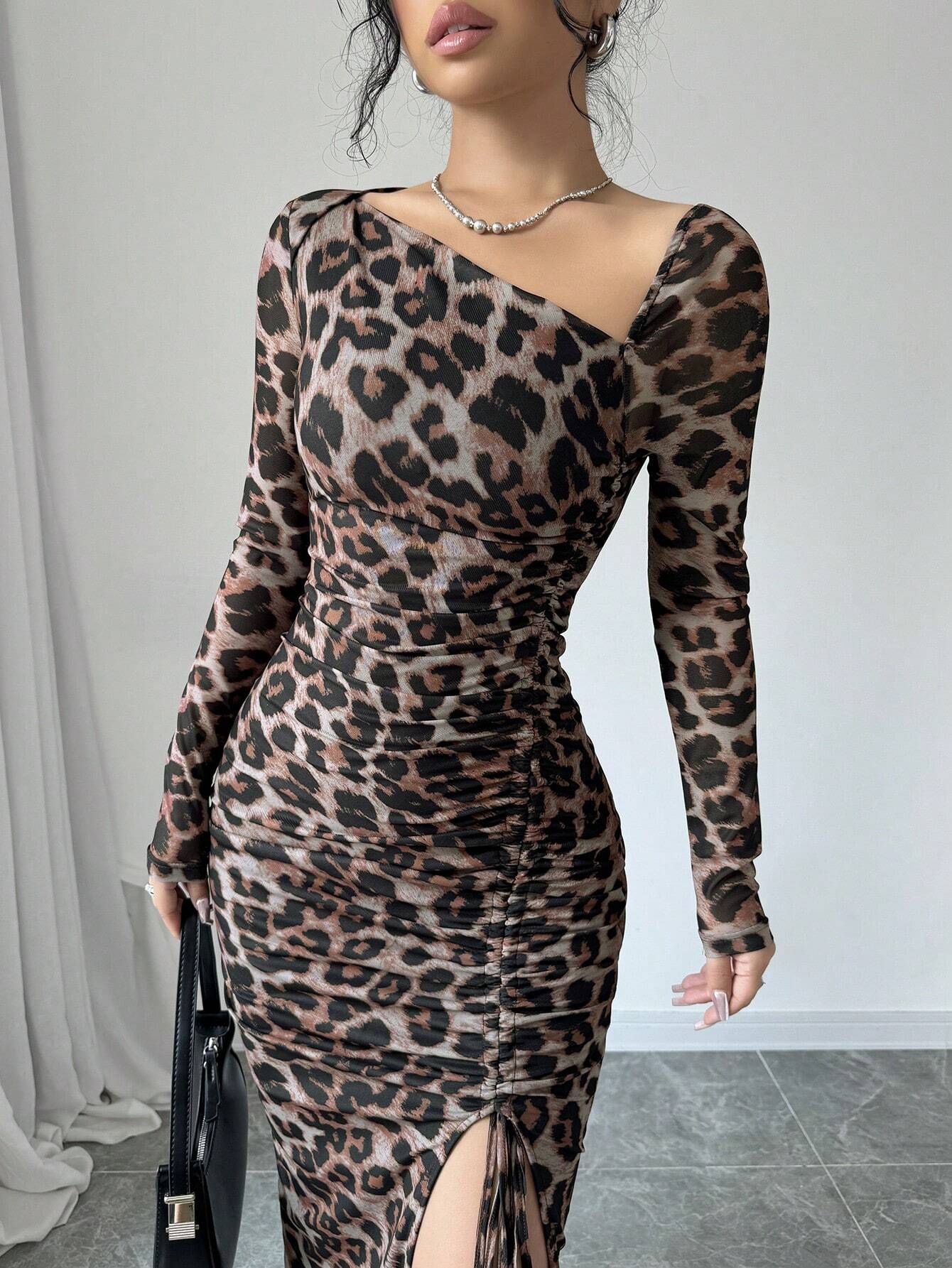 Buy SHEIN Raffinéa Women's Elegant Asymmetrical Neck Cinched Waist Ruched Long Sleeve Dress With Leopard Print Mesh Maxi Women Outfit Bodycon Long Dressslit Dressleopard Print Dress in Pakistan