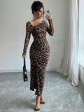 Buy SHEIN Raffinéa Women's Elegant Asymmetrical Neck Cinched Waist Ruched Long Sleeve Dress With Leopard Print Mesh Maxi Women Outfit Bodycon Long Dressslit Dressleopard Print Dress in Pakistan