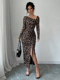 Buy SHEIN Raffinéa Women's Elegant Asymmetrical Neck Cinched Waist Ruched Long Sleeve Dress With Leopard Print Mesh Maxi Women Outfit Bodycon Long Dressslit Dressleopard Print Dress in Pakistan