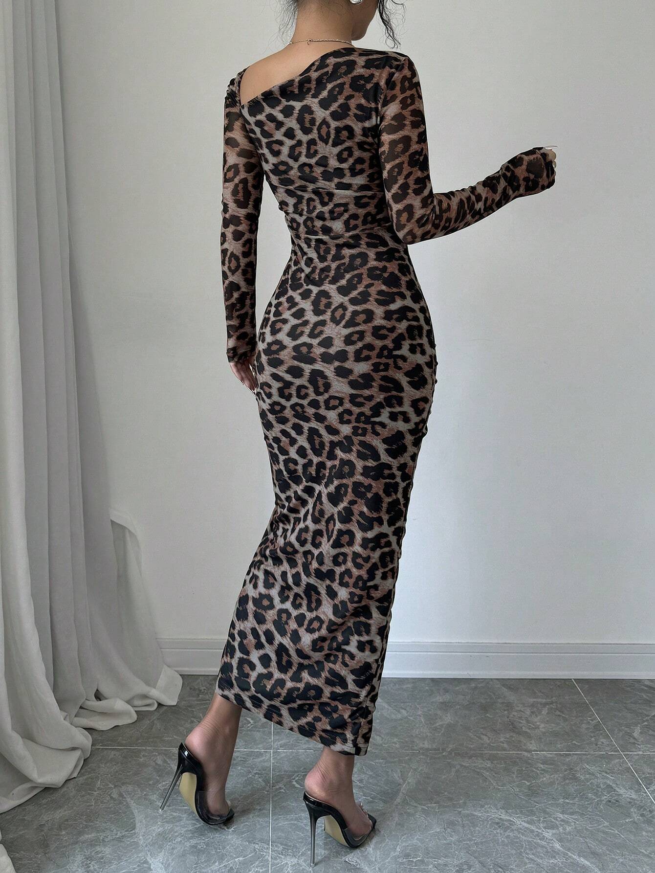 Buy SHEIN Raffinéa Women's Elegant Asymmetrical Neck Cinched Waist Ruched Long Sleeve Dress With Leopard Print Mesh Maxi Women Outfit Bodycon Long Dressslit Dressleopard Print Dress in Pakistan
