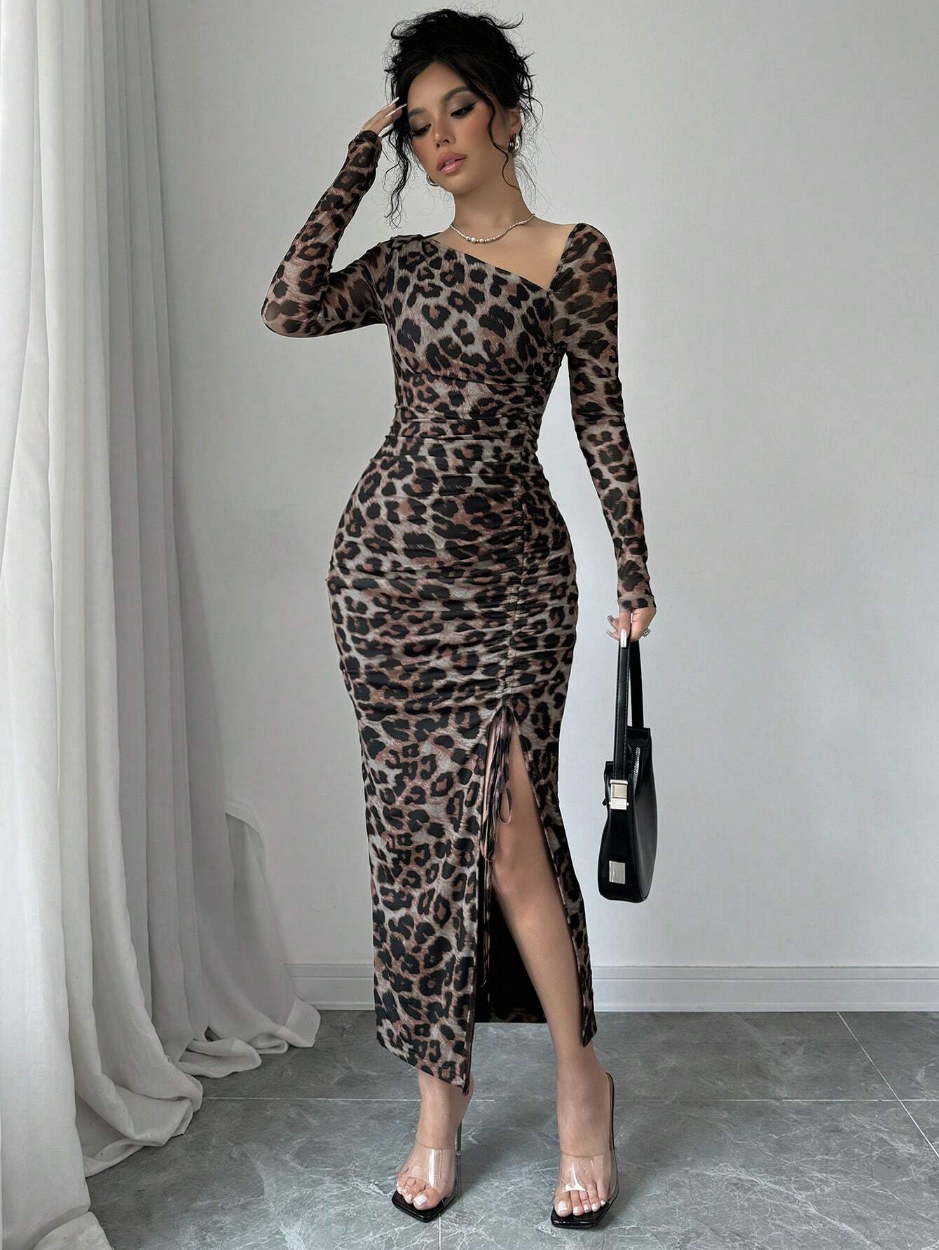 Buy SHEIN Raffinéa Women's Elegant Asymmetrical Neck Cinched Waist Ruched Long Sleeve Dress With Leopard Print Mesh Maxi Women Outfit Bodycon Long Dressslit Dressleopard Print Dress in Pakistan